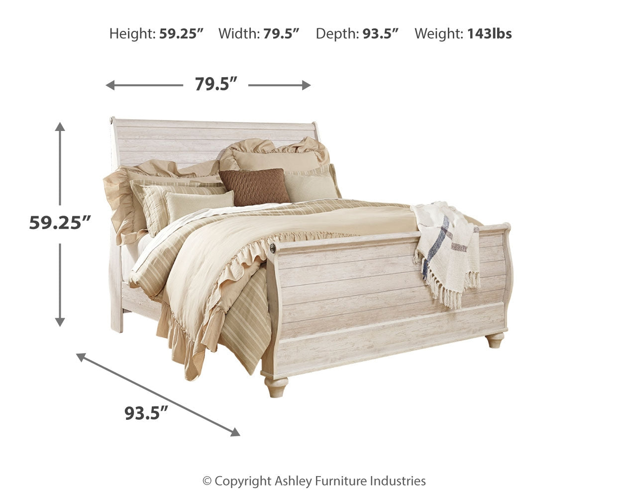 Willowton Whitewash King Sleigh Bed, Dresser, Mirror and 2 Nightstands - B267B46