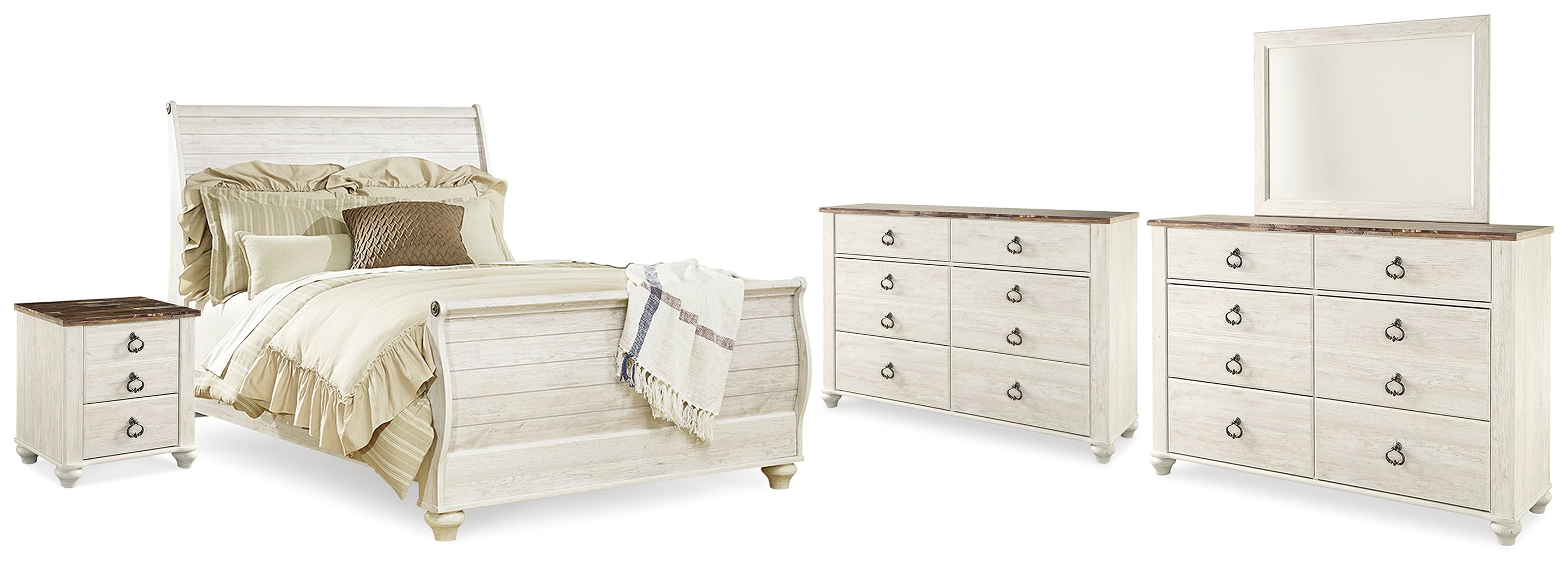 Willowton Whitewash Queen Bed, Dresser, Mirror and Chest - B267B58