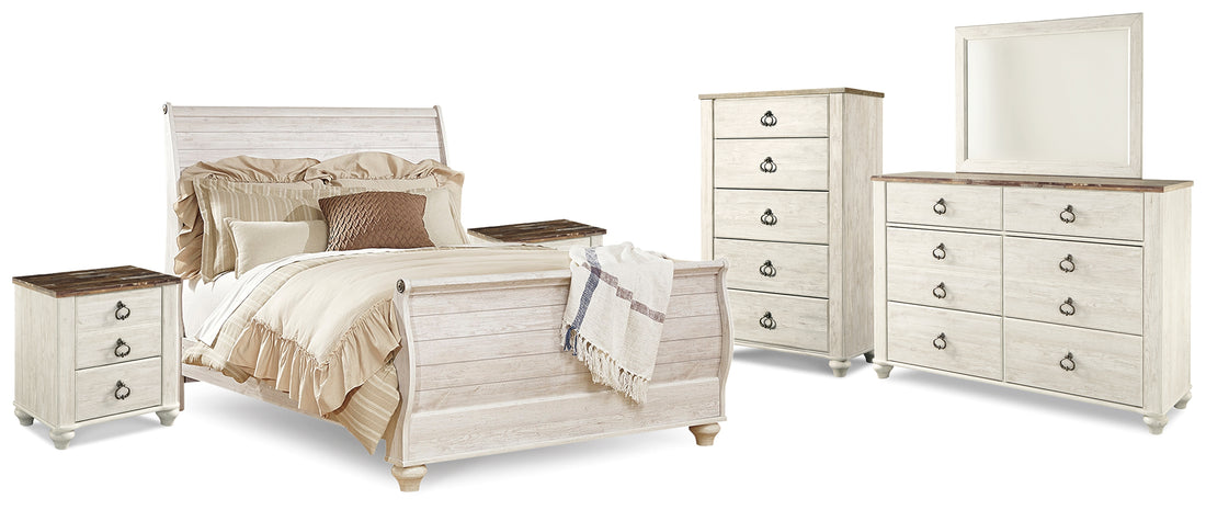 Willowton Whitewash Queen Sleigh Bed, 2 Dressers, Mirror, Chest and 2 Nightstands - B267B39