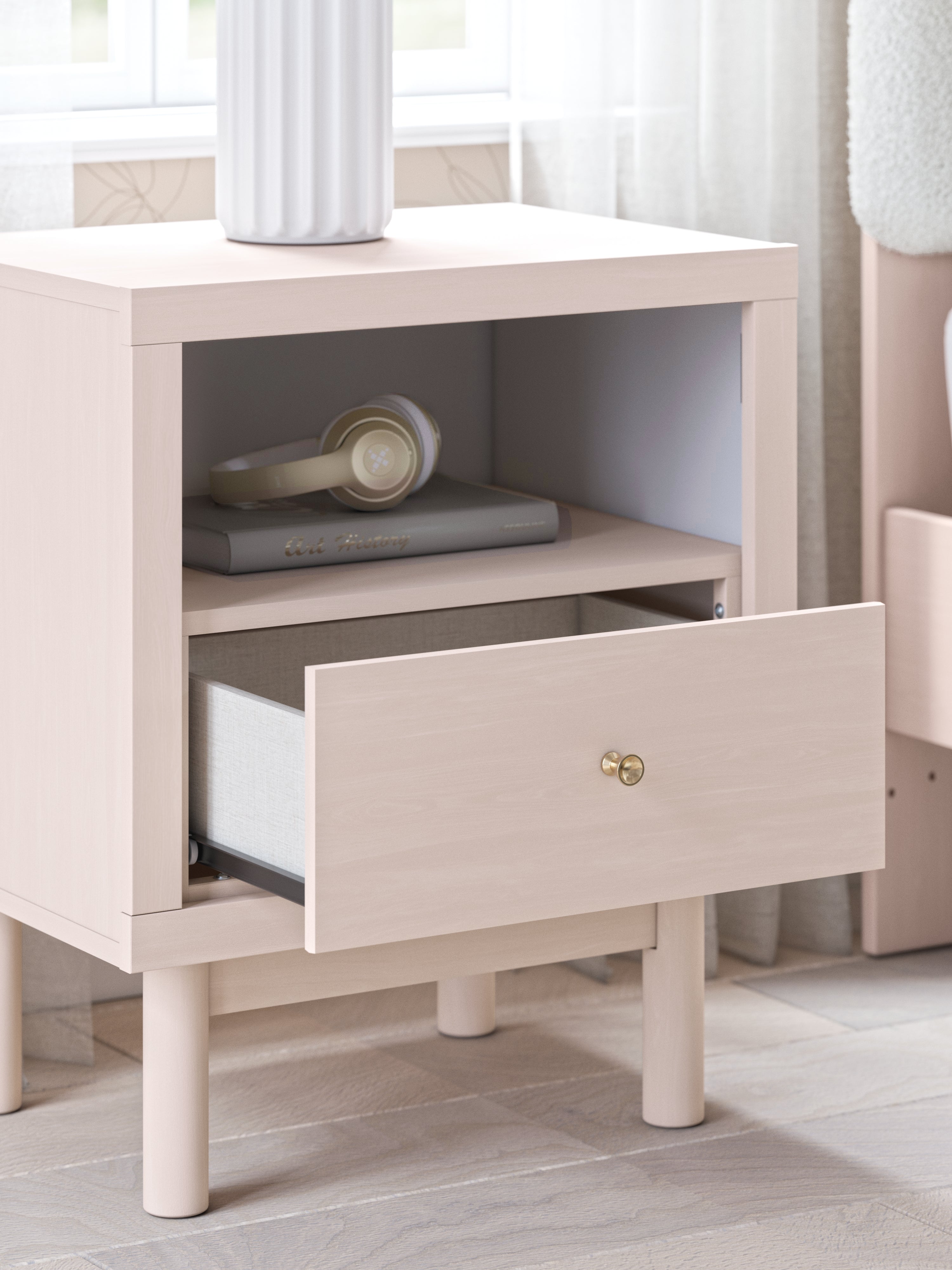 Wistenpine Twin Upholstered Panel Bed with Nightstand in Blush - PKG018938