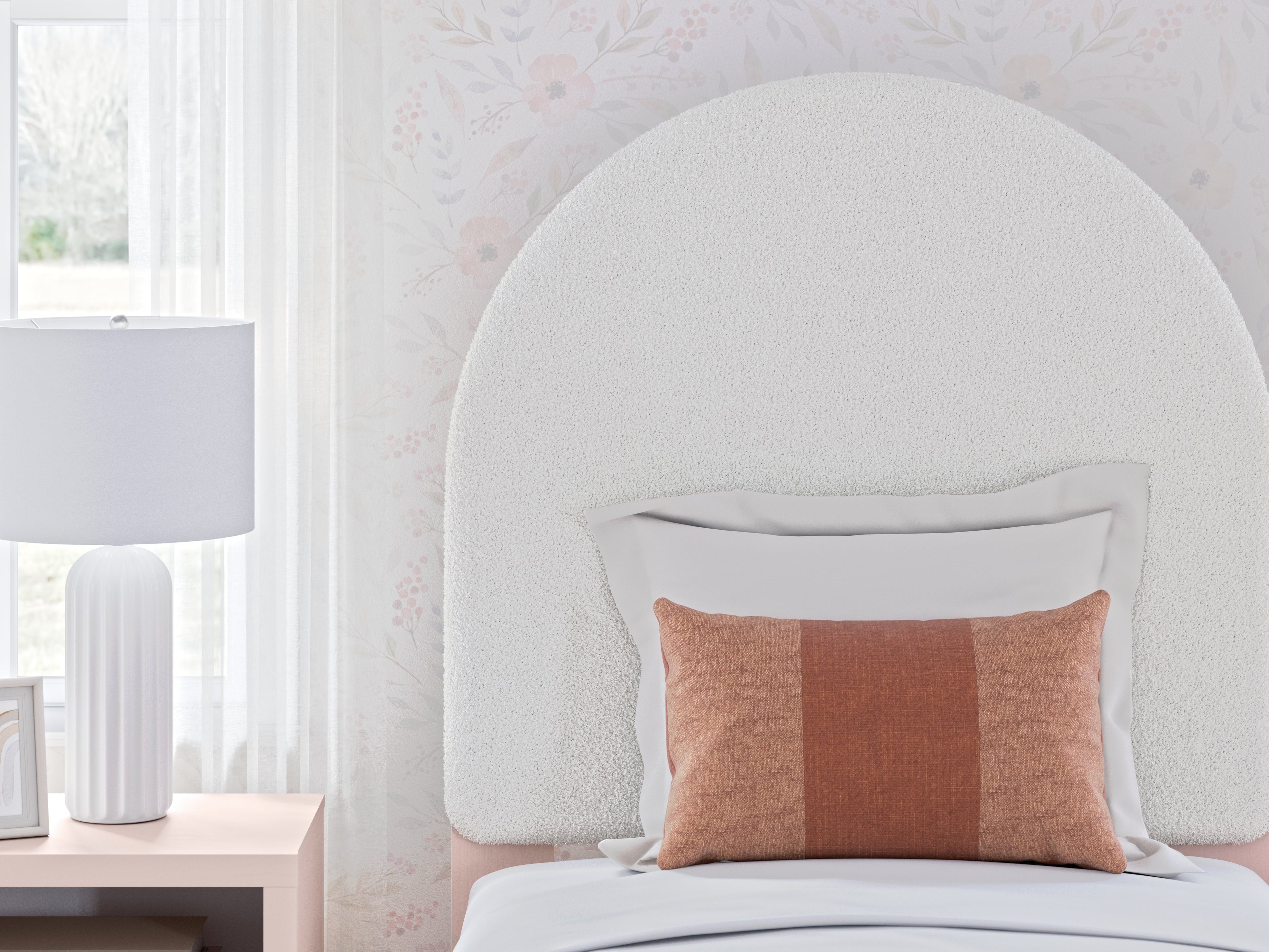 Wistenpine Twin Upholstered Panel Headboard with Dresser and 2 Nightstands in Blush - PKG018929