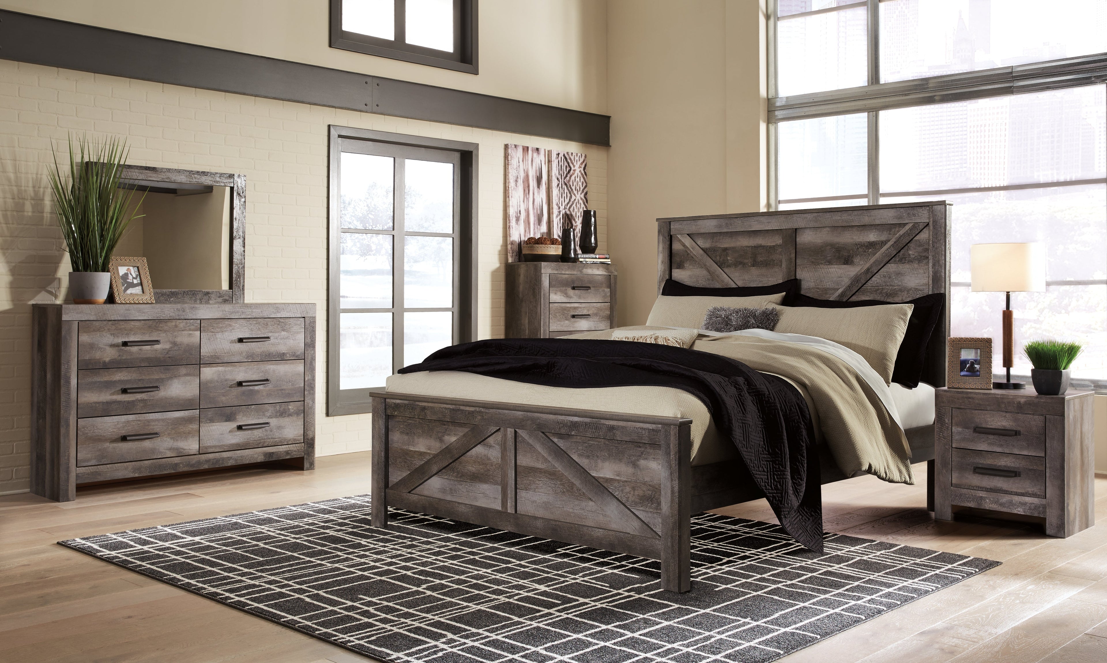 Wynnlow King Crossbuck Panel Bed with Mirrored Dresser and Chest in Gray - PKG005687