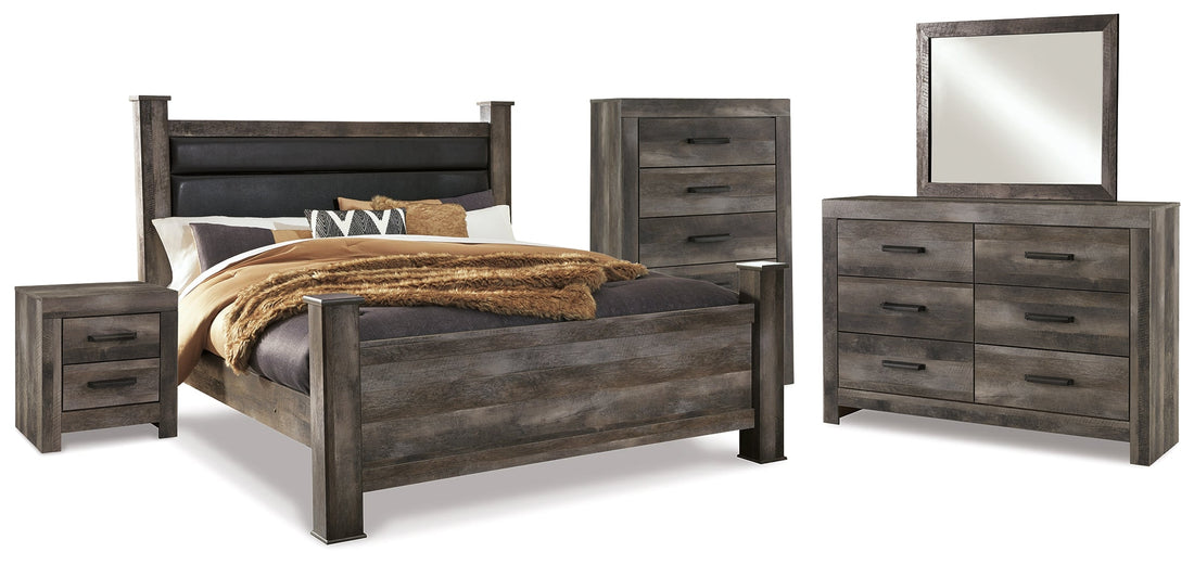 Wynnlow King Poster Bed with Mirrored Dresser, Chest and Nightstand in Gray - PKG005698