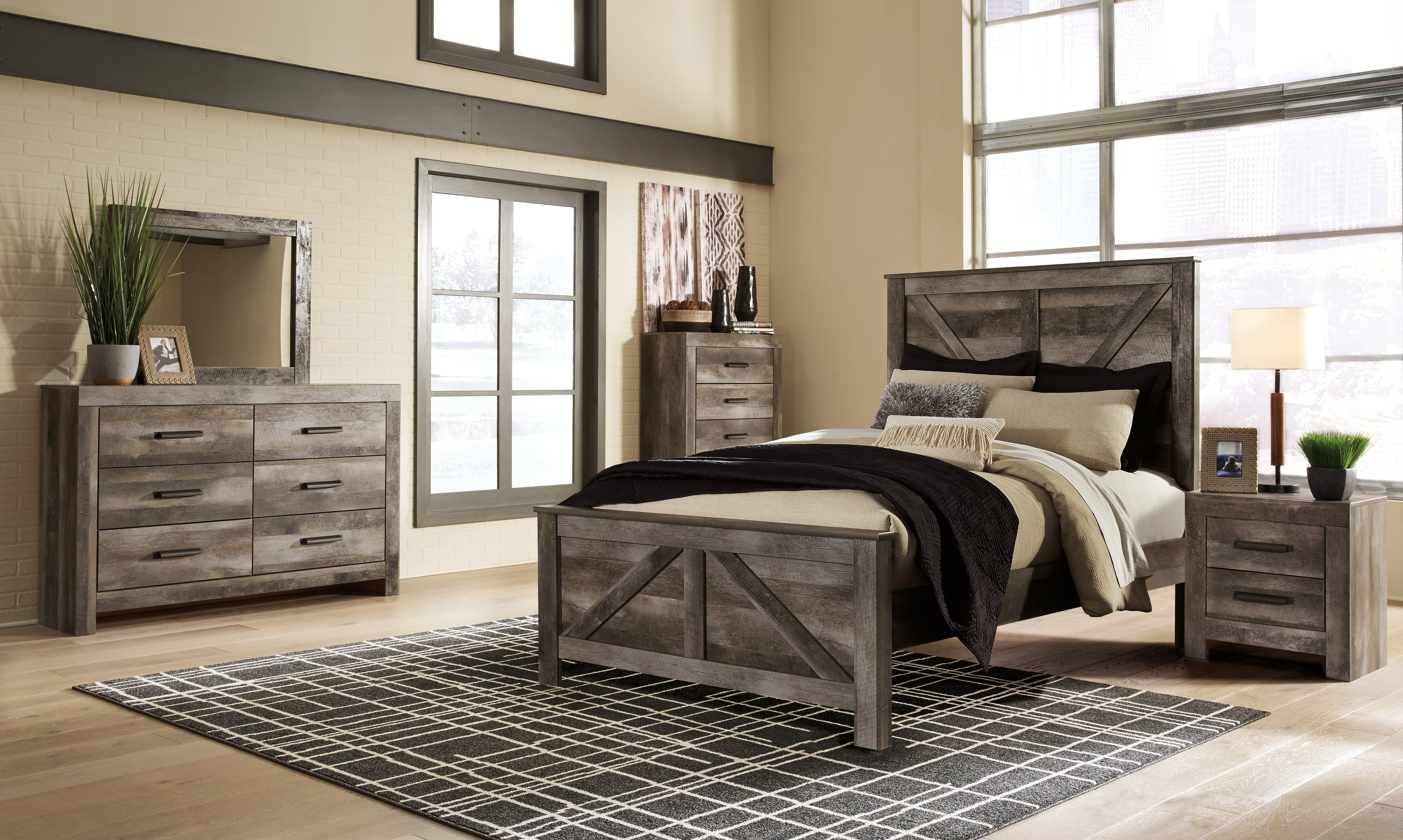 Wynnlow Queen Crossbuck Panel Bed with Mirrored Dresser and Chest in Gray - PKG005692