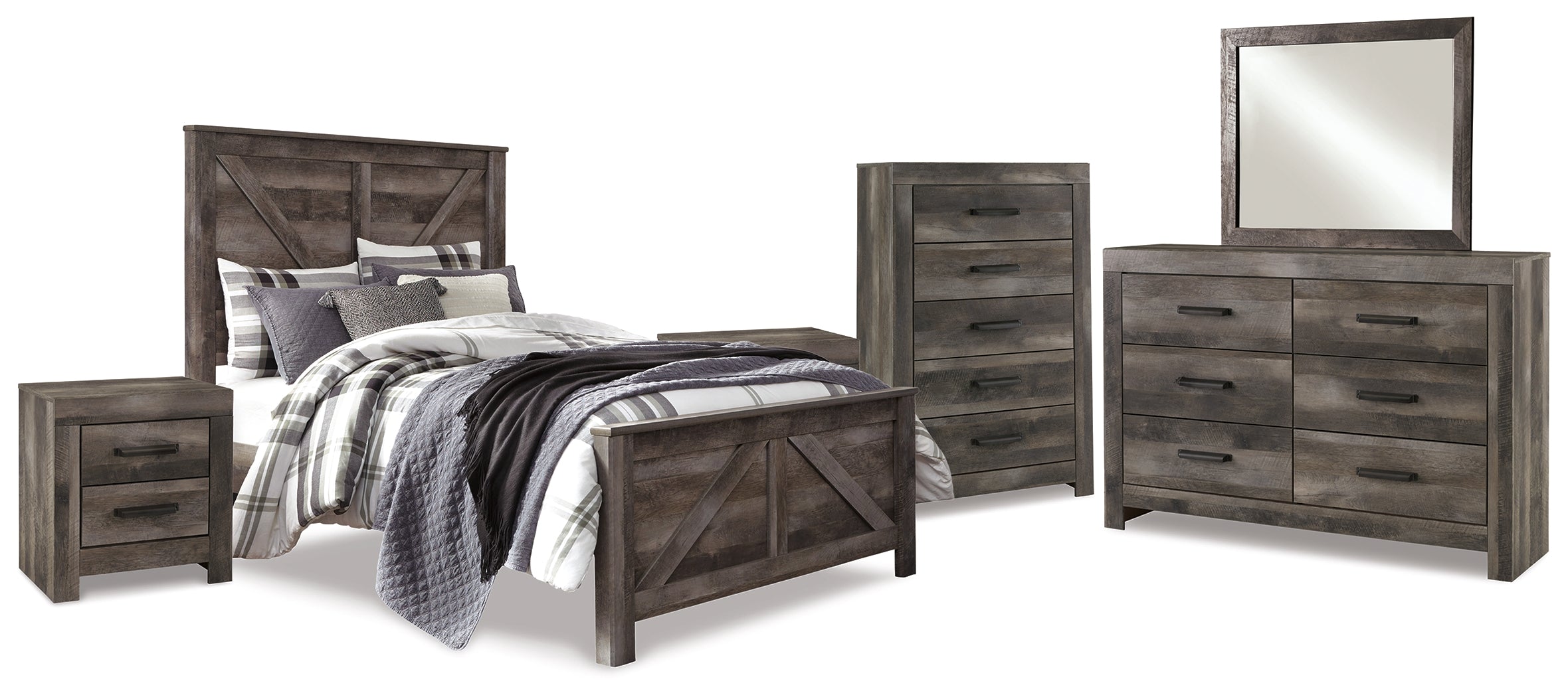 Wynnlow Queen Crossbuck Panel Bed with Mirrored Dresser, Chest and 2 Nightstands in Gray - PKG006369