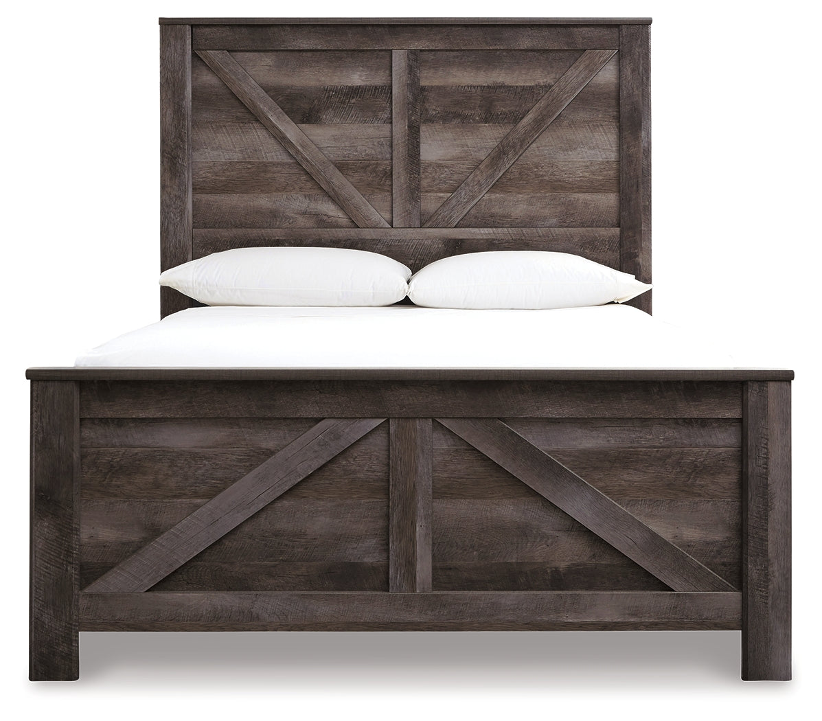Wynnlow Queen Crossbuck Panel Bed with Mirrored Dresser, Chest and 2 Nightstands in Gray - PKG006369