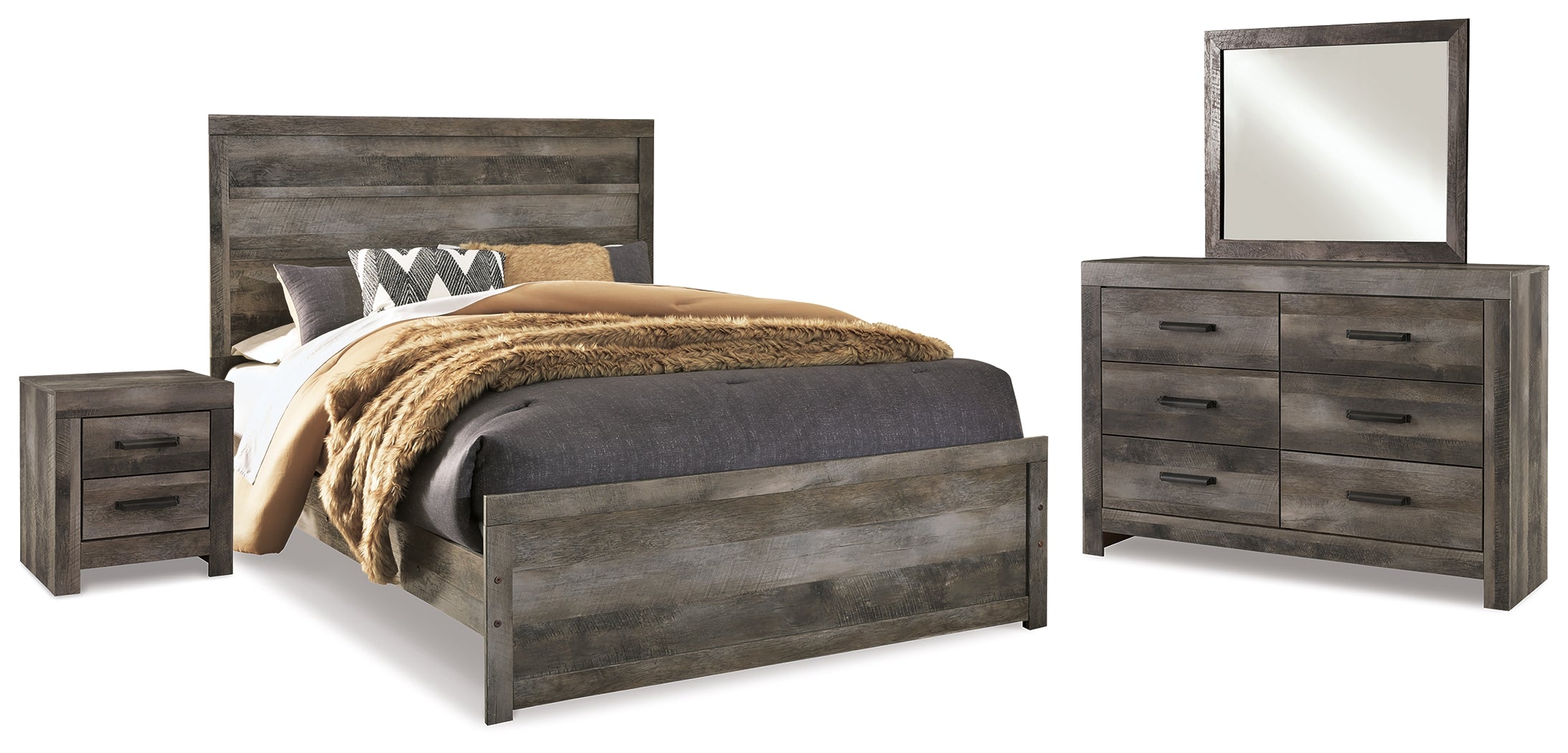 Wynnlow Queen Panel Bed with Mirrored Dresser and Nightstand in Gray - PKG014053