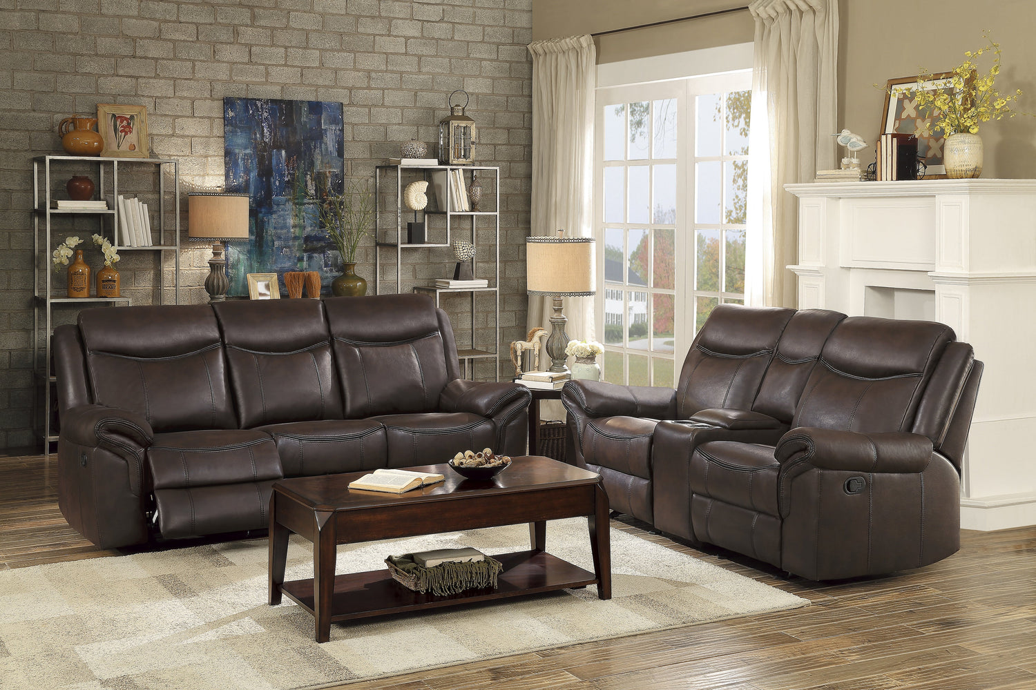 8206BRW-3 Double Reclining Sofa with Center Drop-Down Cup Holders, Receptacles, Hidden Drawer and USB Ports - 8206BRW-3 - Bien Home Furniture & Electronics