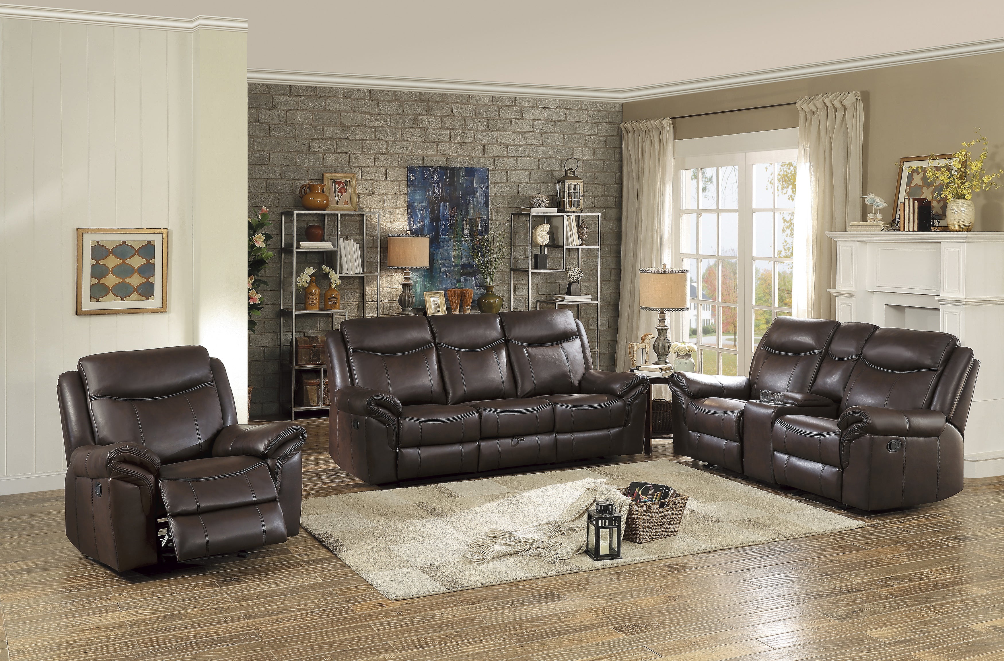 8206BRW-3 Double Reclining Sofa with Center Drop-Down Cup Holders, Receptacles, Hidden Drawer and USB Ports - 8206BRW-3 - Bien Home Furniture & Electronics