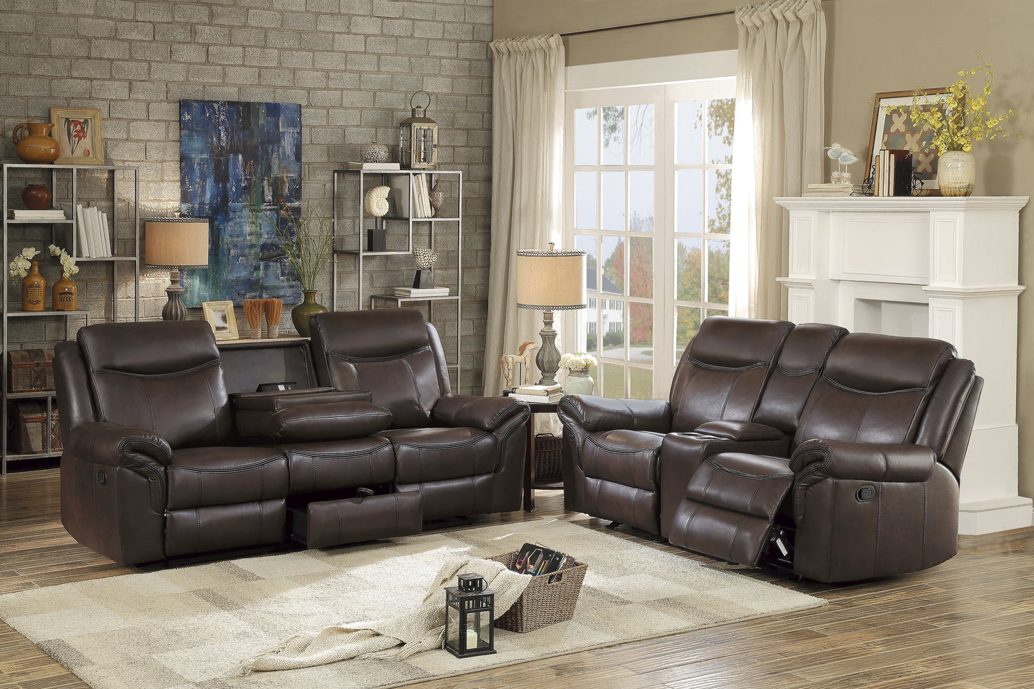 8206BRW-3 Double Reclining Sofa with Center Drop-Down Cup Holders, Receptacles, Hidden Drawer and USB Ports - 8206BRW-3 - Bien Home Furniture & Electronics