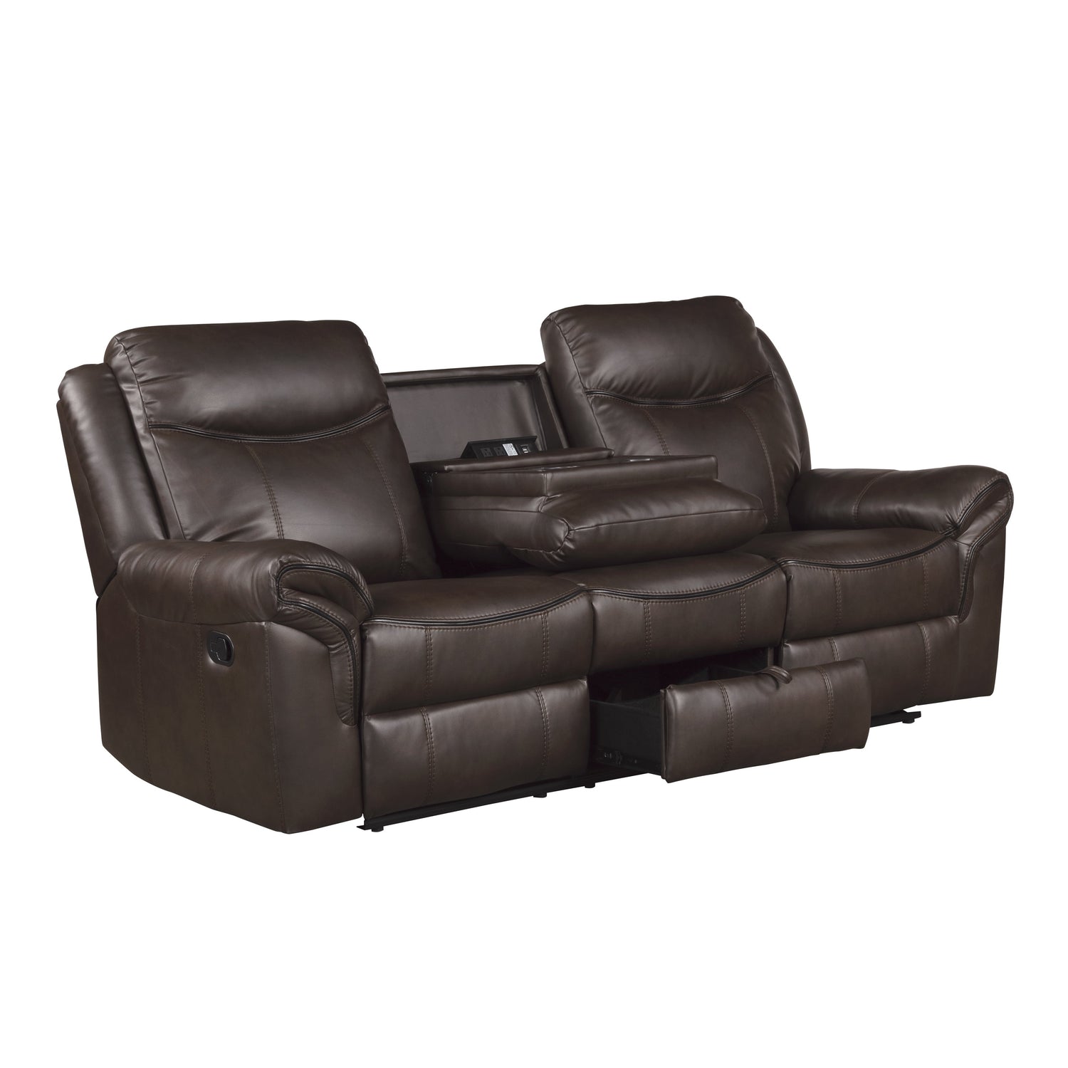 8206BRW-3 Double Reclining Sofa with Center Drop-Down Cup Holders, Receptacles, Hidden Drawer and USB Ports - 8206BRW-3 - Bien Home Furniture & Electronics