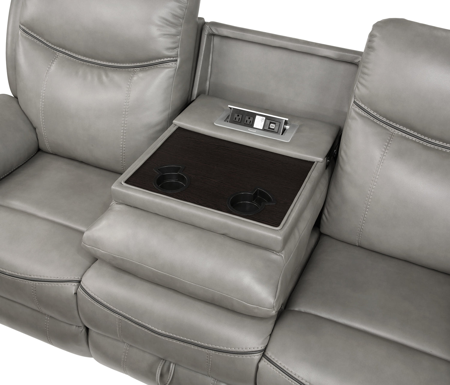 8206GRY-3 Double Reclining Sofa with Center Drop-Down Cup Holders, Receptacles, Hidden Drawer and USB Ports - 8206GRY-3 - Bien Home Furniture & Electronics
