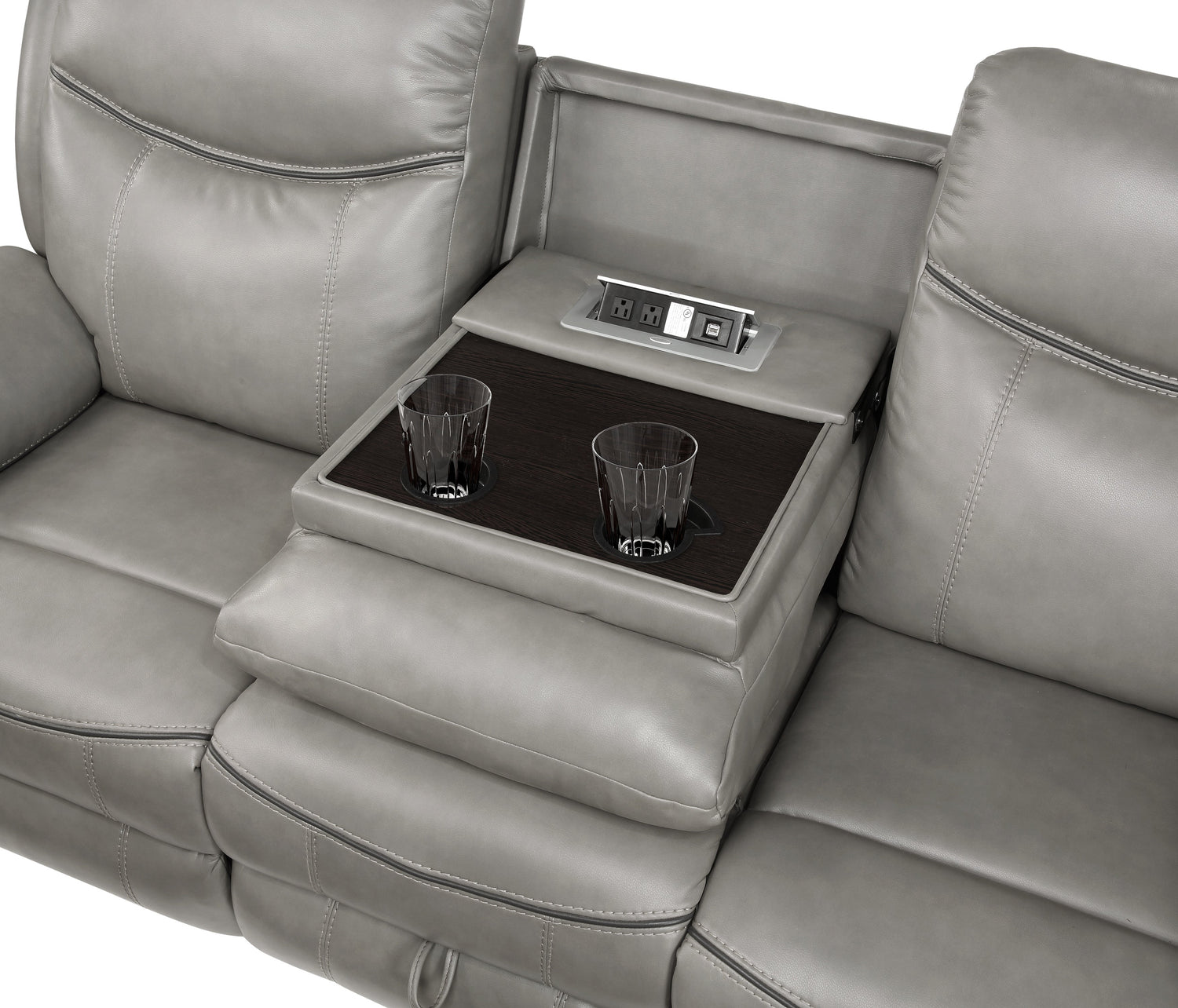 8206GRY-3 Double Reclining Sofa with Center Drop-Down Cup Holders, Receptacles, Hidden Drawer and USB Ports - 8206GRY-3 - Bien Home Furniture & Electronics