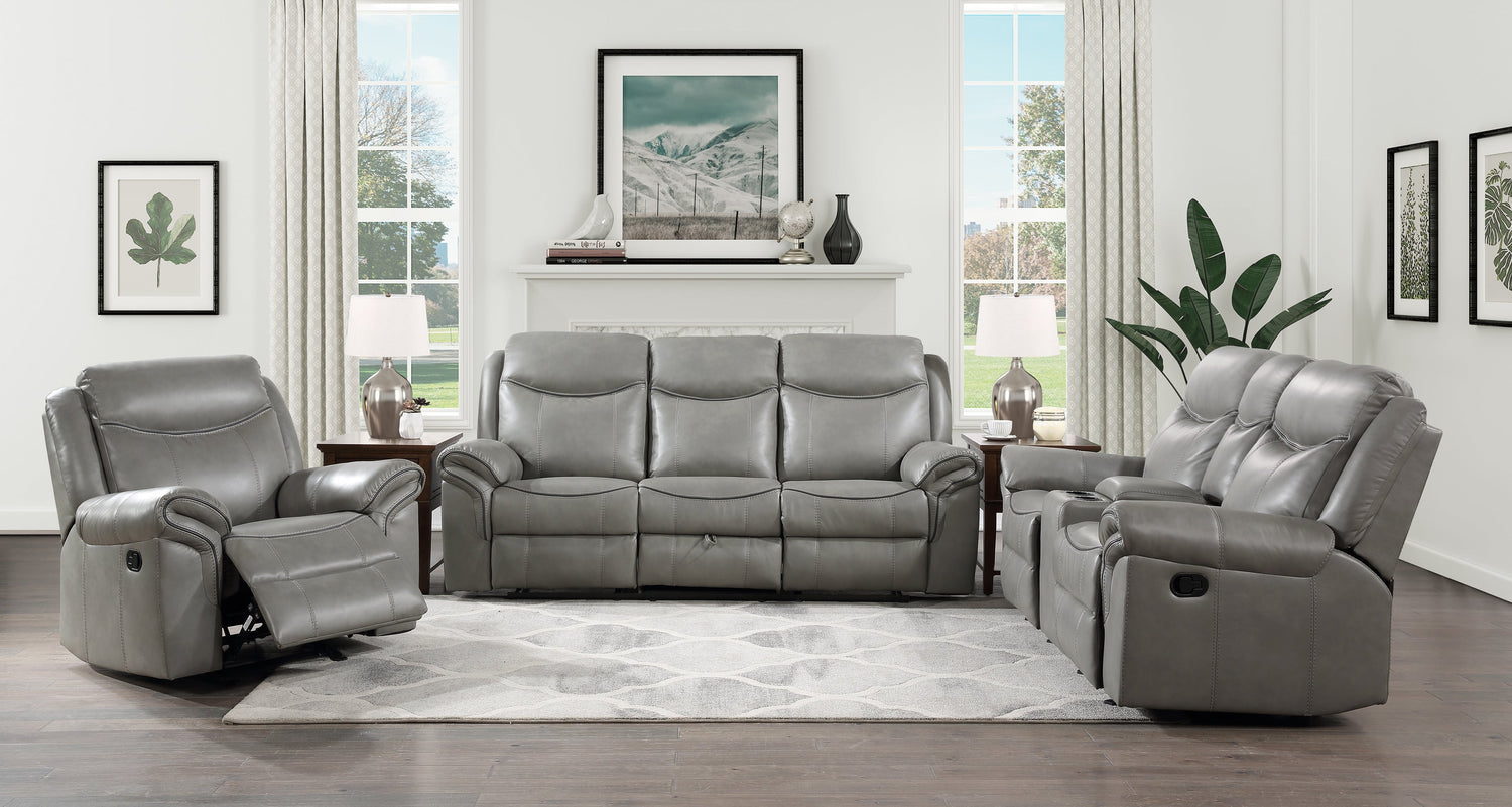 8206GRY-3 Double Reclining Sofa with Center Drop-Down Cup Holders, Receptacles, Hidden Drawer and USB Ports - 8206GRY-3 - Bien Home Furniture & Electronics