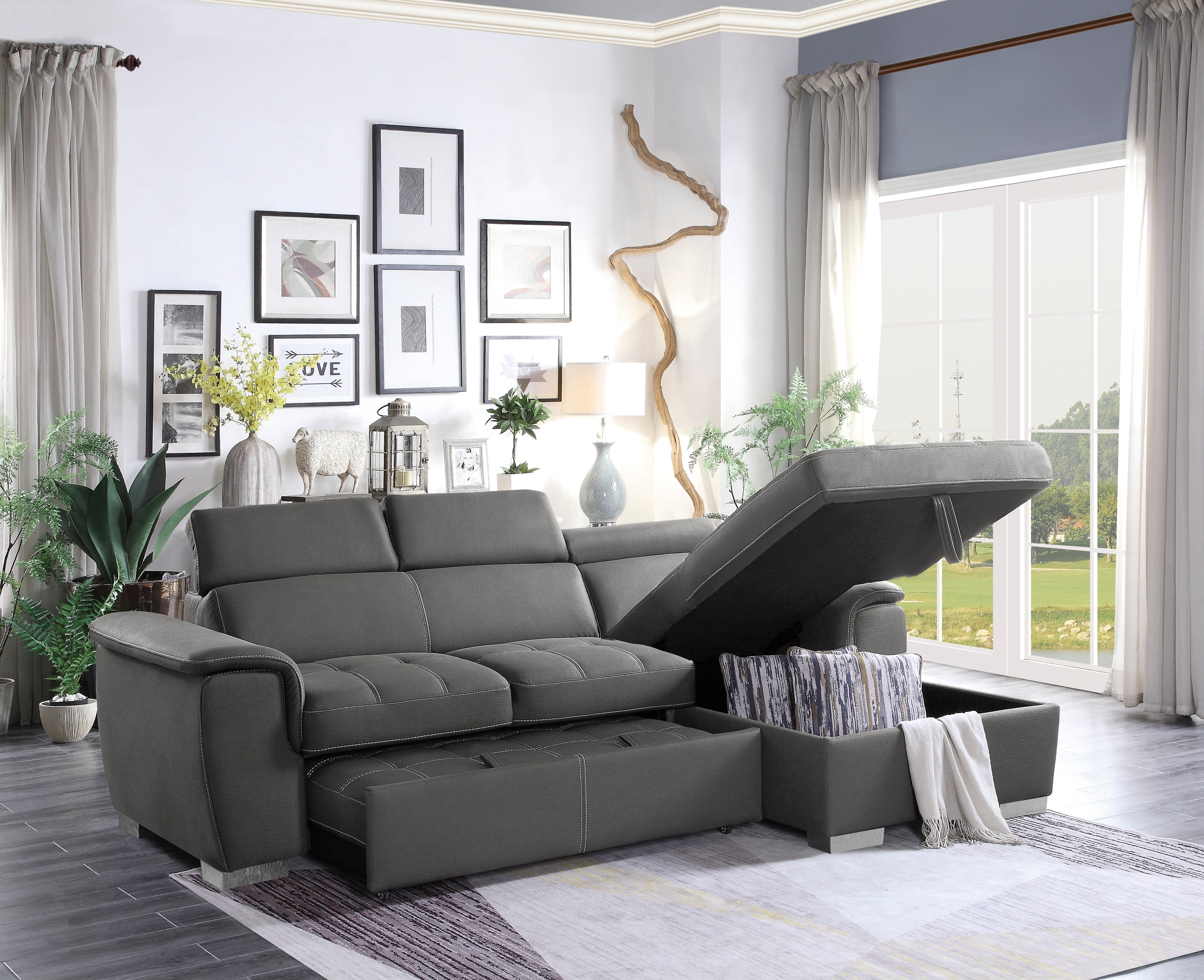 8228GY* (2)2-Piece Sectional with Adjustable Headrests, Pull-out Bed and Right Chaise with Hidden Storage - 8228GY* - Bien Home Furniture & Electronics