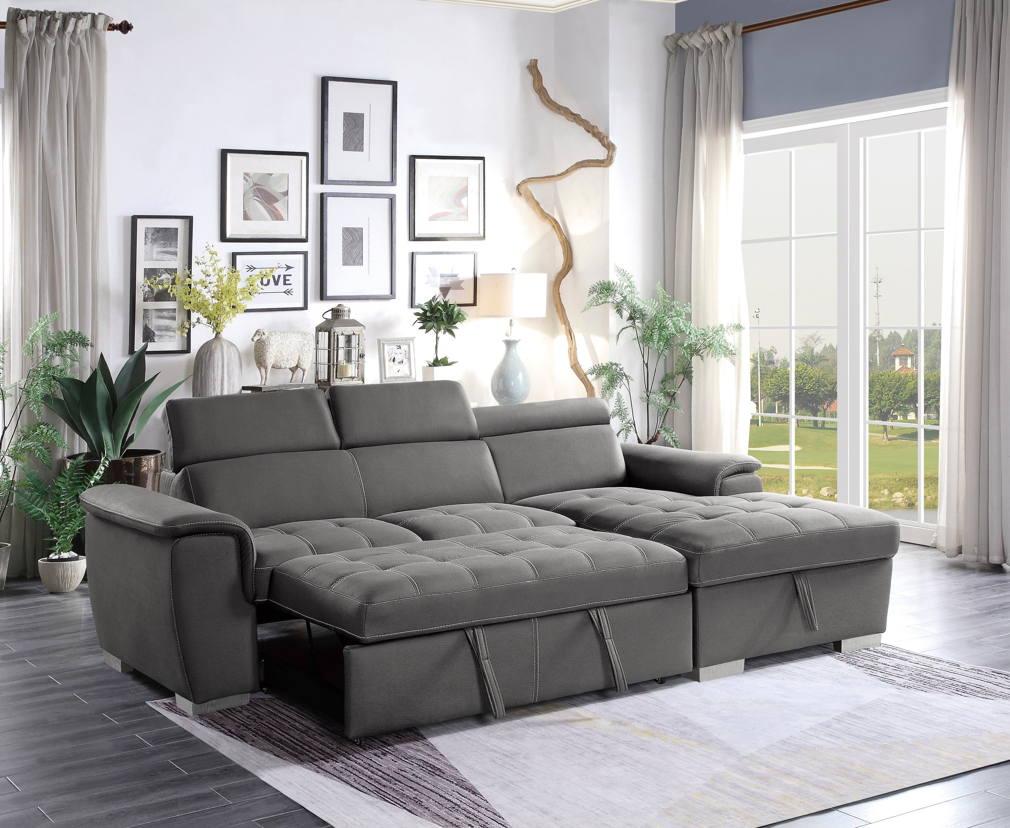 8228GY* (2)2-Piece Sectional with Adjustable Headrests, Pull-out Bed and Right Chaise with Hidden Storage - 8228GY* - Bien Home Furniture & Electronics