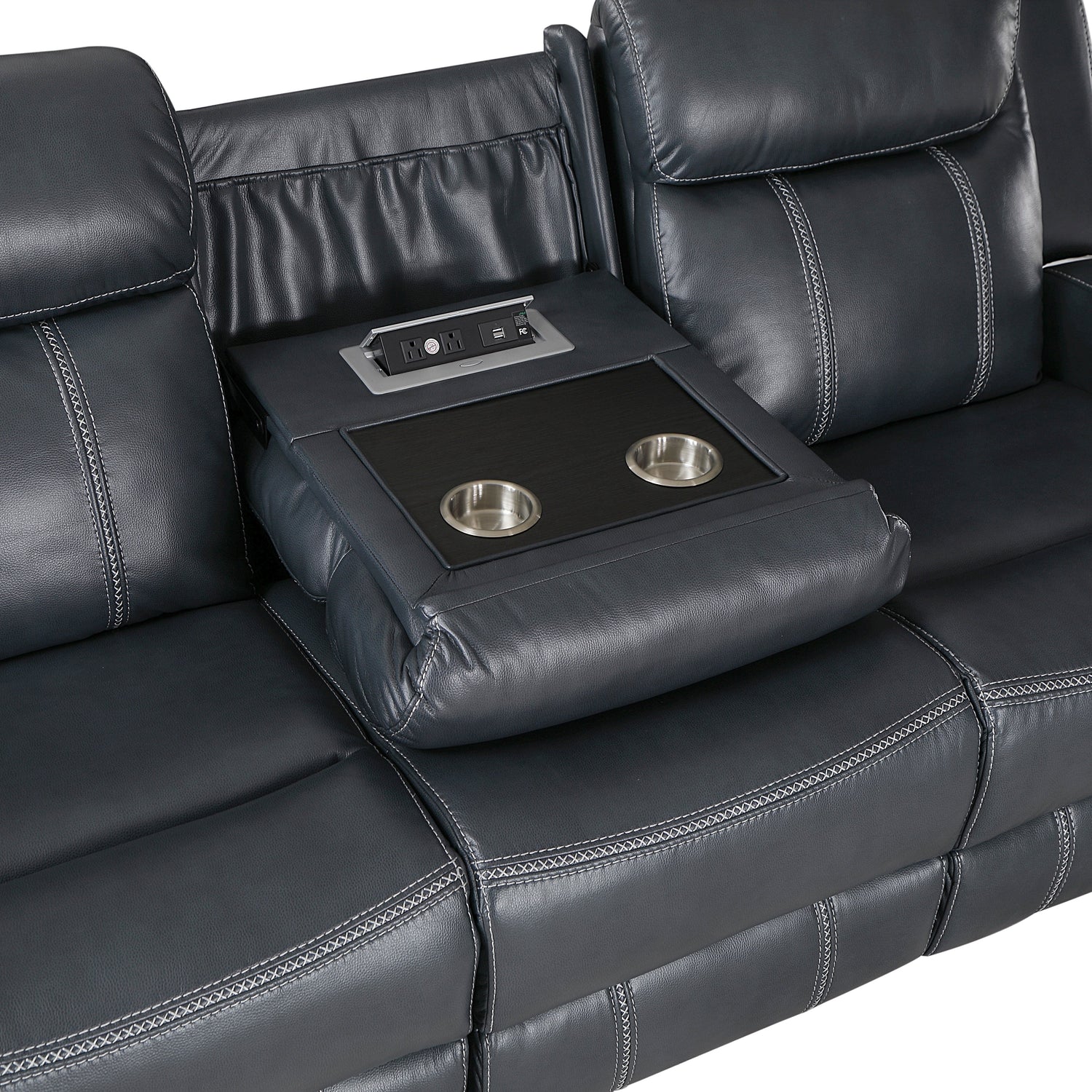 8516BU-3 Double Reclining Sofa with Center Drop-Down Cup Holders, Magazine bag, Receptacles and USB Ports - 8516BU-3 - Bien Home Furniture & Electronics