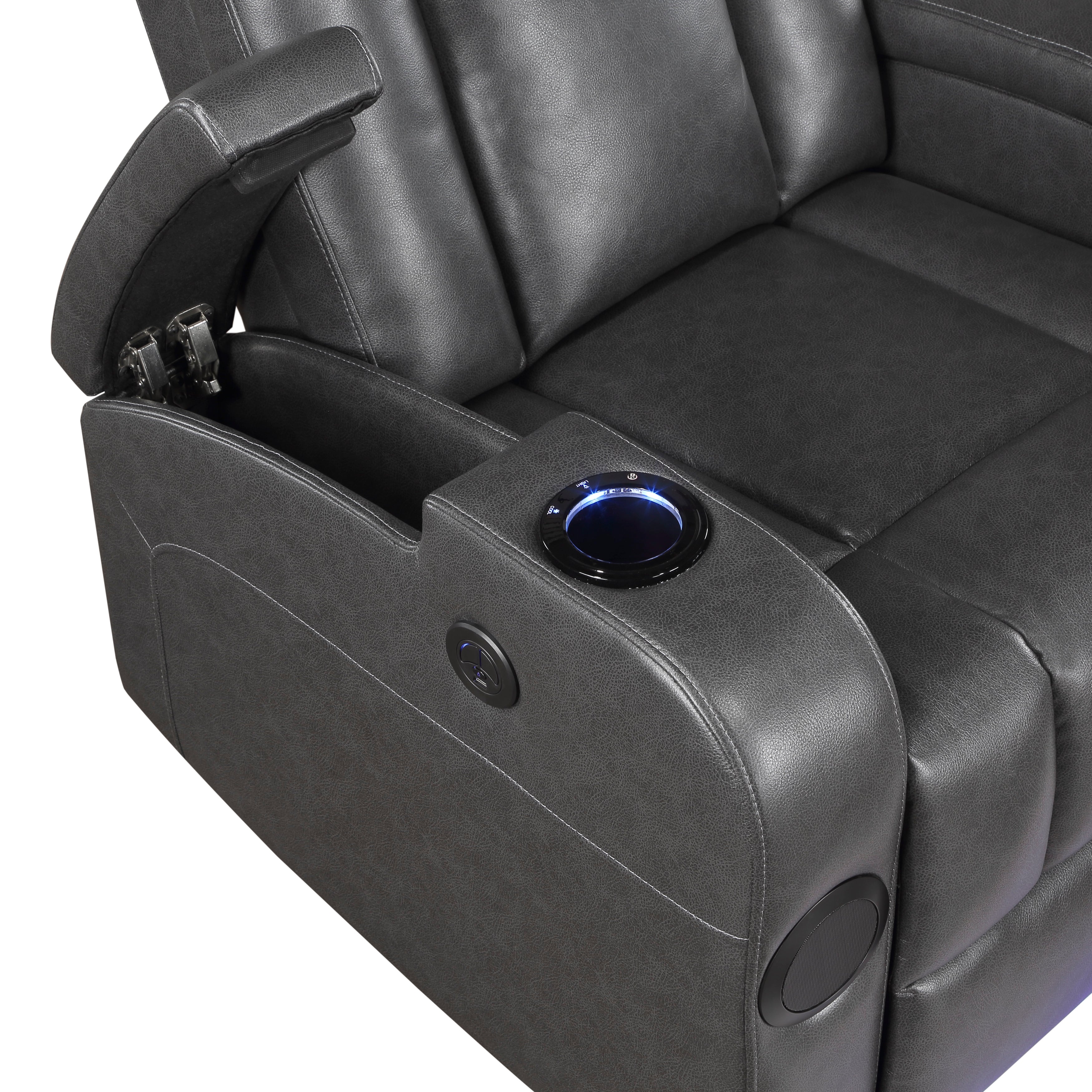 8522GRY-1PW Power Reclining Chair with Wireless Charger, Cooling Cup-Holder, Storage Arms, Speakers, LED Light and USB port - 8522GRY-1PW - Bien Home Furniture & Electronics