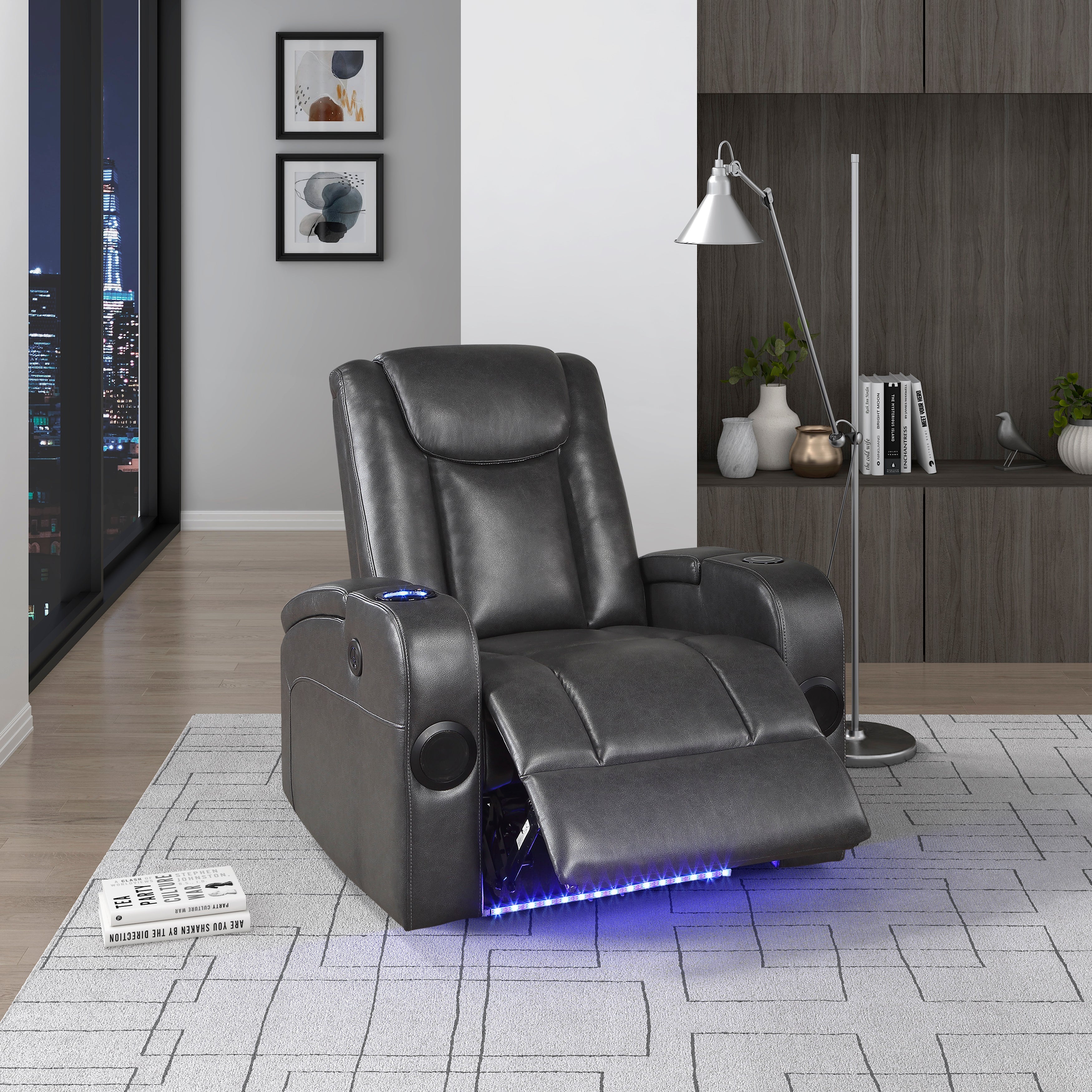 8522GRY-1PW Power Reclining Chair with Wireless Charger, Cooling Cup-Holder, Storage Arms, Speakers, LED Light and USB port - 8522GRY-1PW - Bien Home Furniture & Electronics