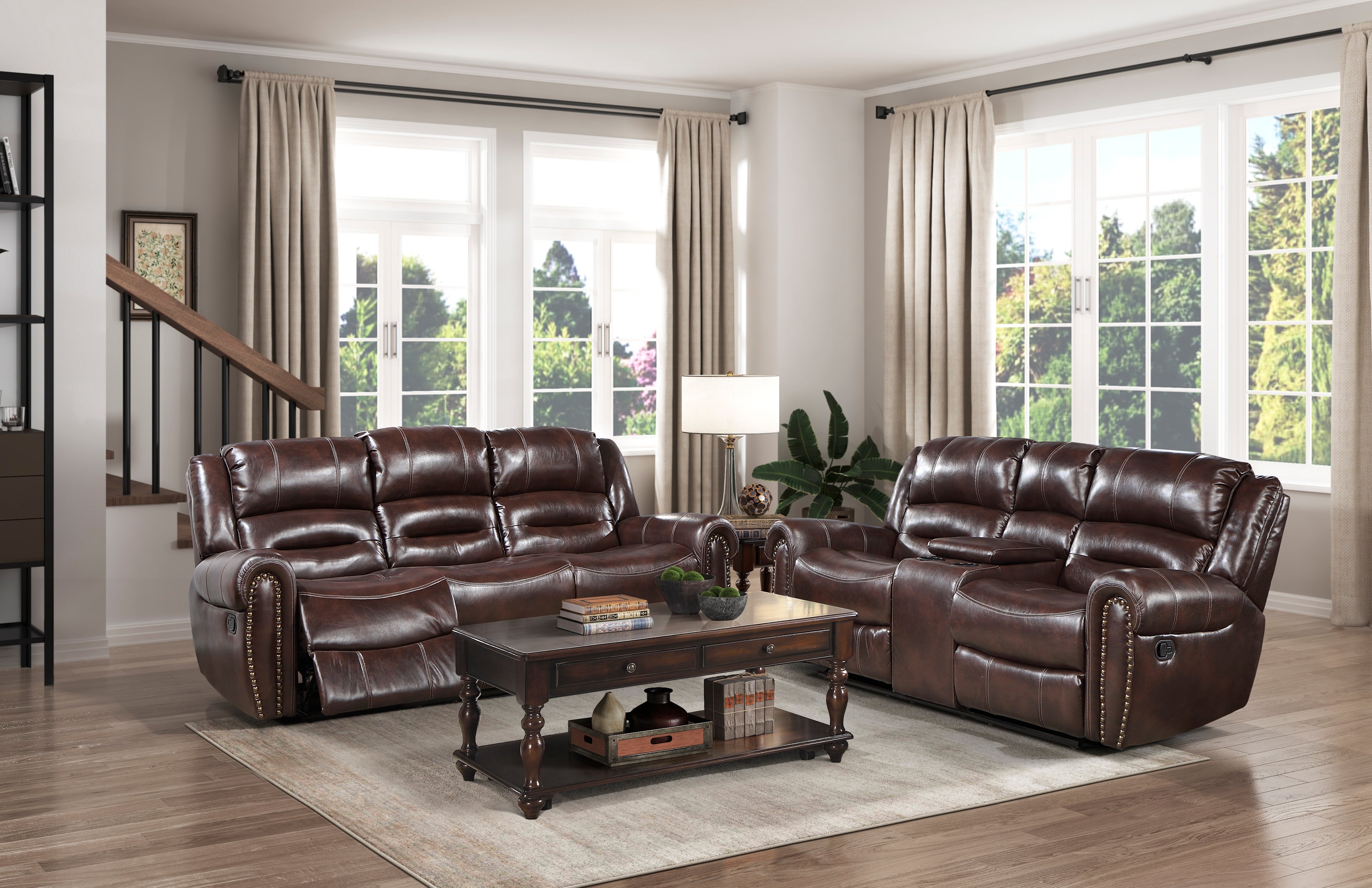 9668NBR-3 Double Reclining Sofa with Center Drop-down Cup Holders - 9668NBR-3 - Bien Home Furniture & Electronics