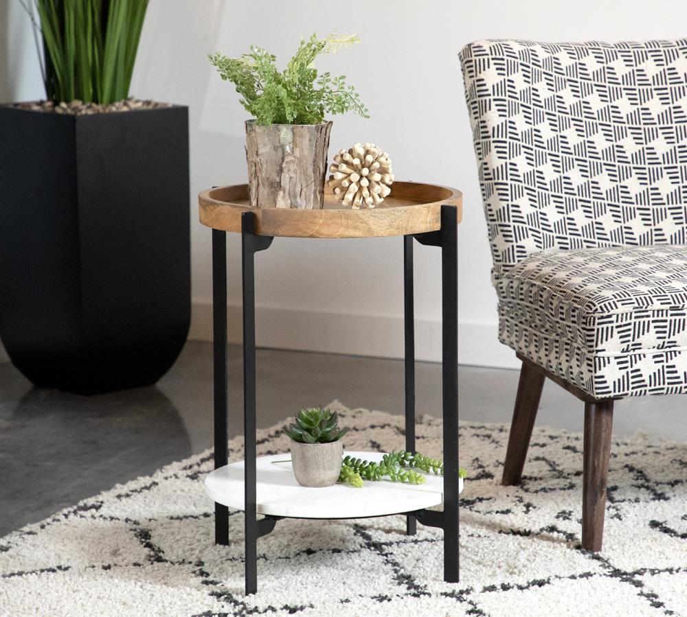 Adhvik Natural/Black Round Accent Table with Marble Shelf - 931218 - Bien Home Furniture & Electronics