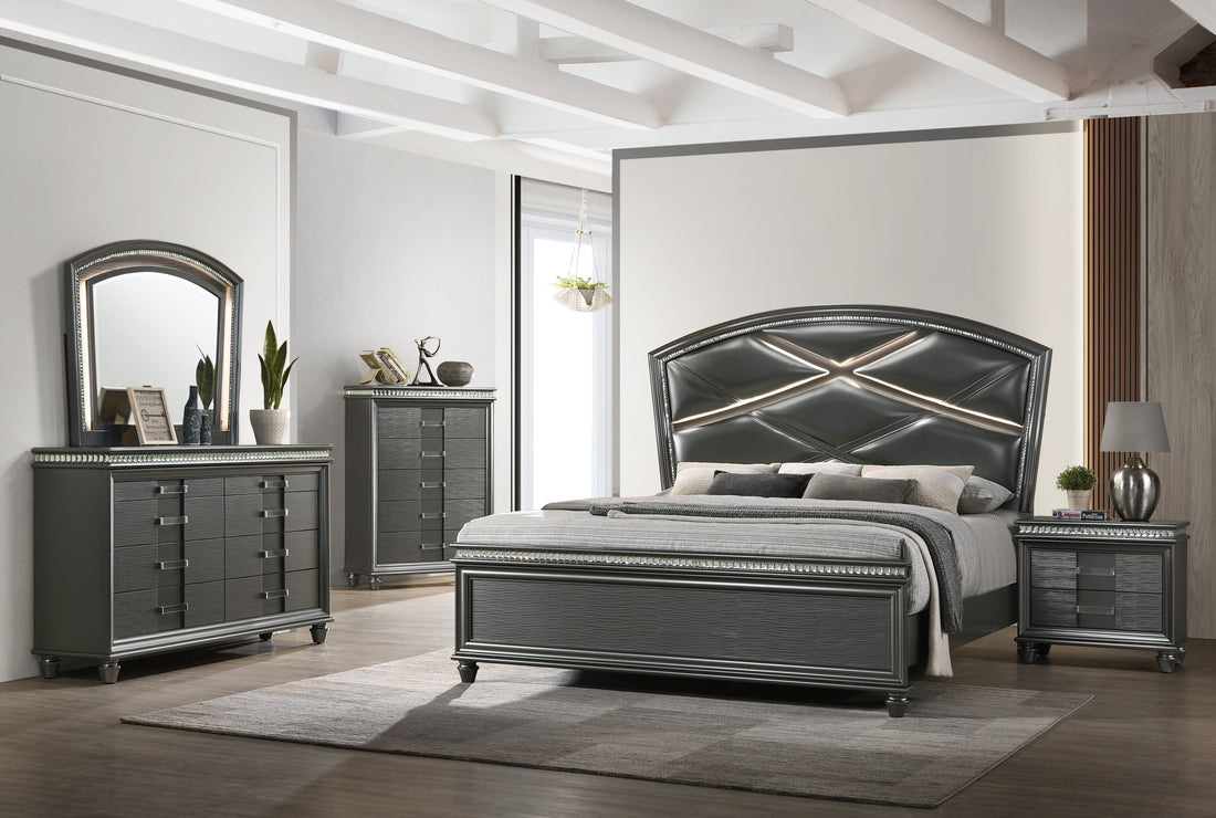Adira Gray Queen LED Upholstered Panel Bed - SET | B7880-Q-HB | B7880-Q-FB | B7880-KQ-RAIL - Bien Home Furniture &amp; Electronics