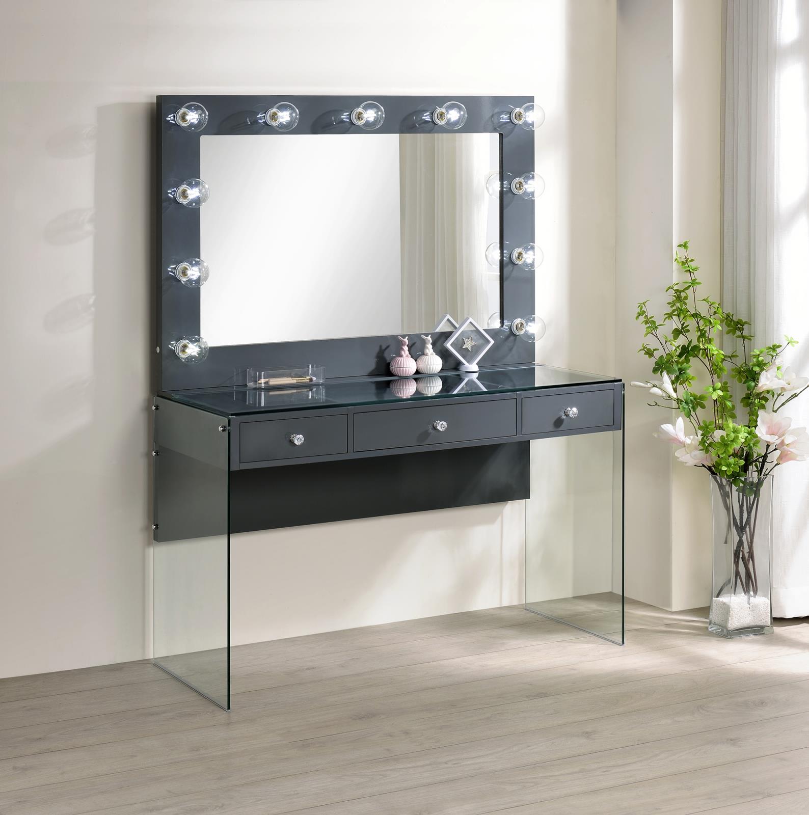 Afshan 3-Drawer Vanity Desk with Lighting Mirror Gray High Gloss - 935923 - Bien Home Furniture &amp; Electronics