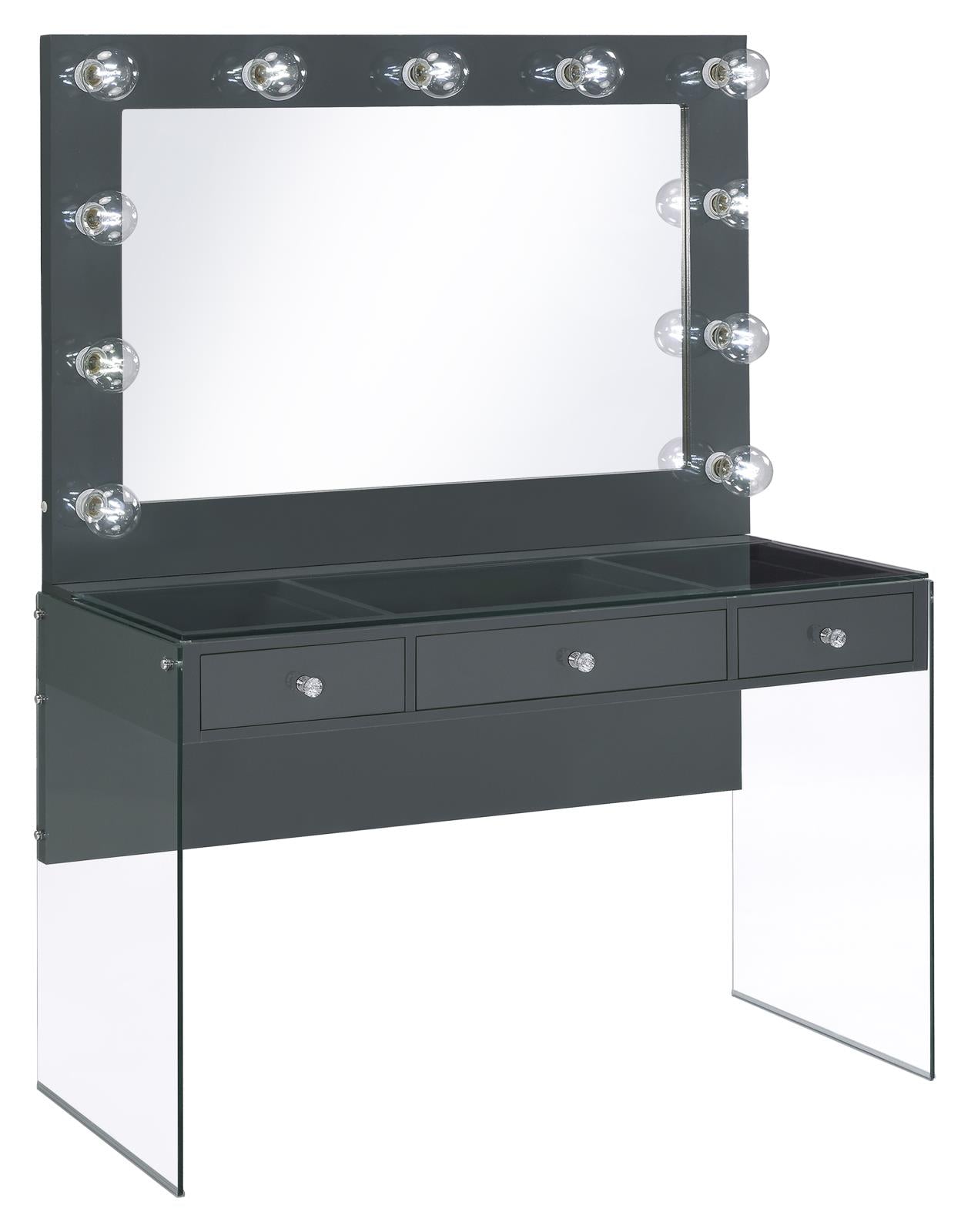 Afshan 3-Drawer Vanity Desk with Lighting Mirror Gray High Gloss - 935923 - Bien Home Furniture &amp; Electronics