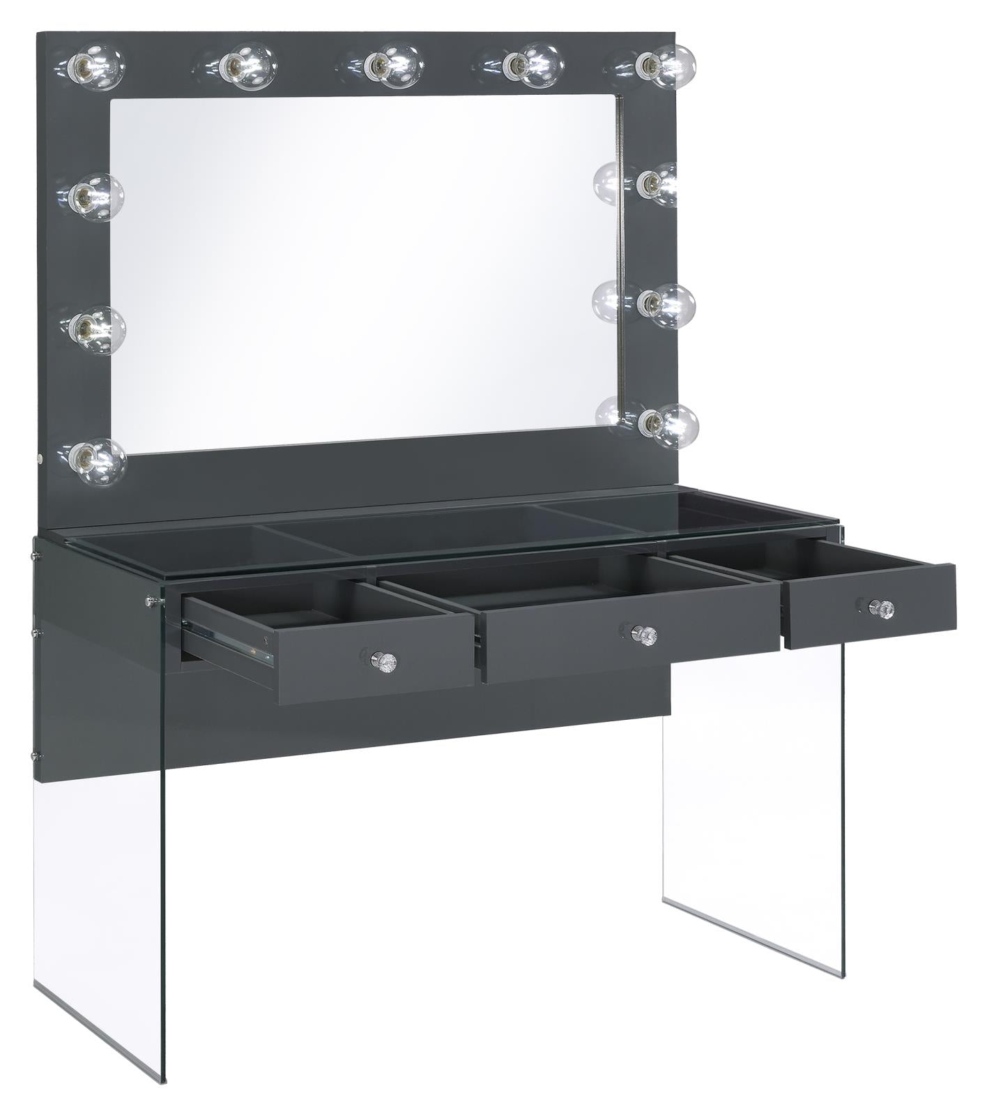 Afshan 3-Drawer Vanity Desk with Lighting Mirror Gray High Gloss - 935923 - Bien Home Furniture & Electronics