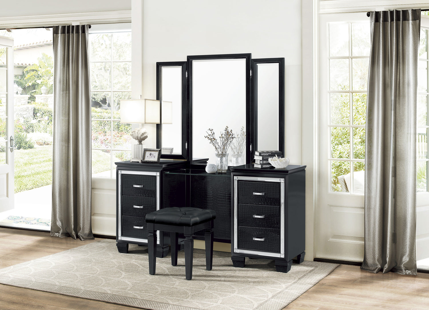 Allura Black Vanity Dresser with Mirror - SET | 1916BK-15R | 1916BK-15L | 1916BK-15M - Bien Home Furniture & Electronics