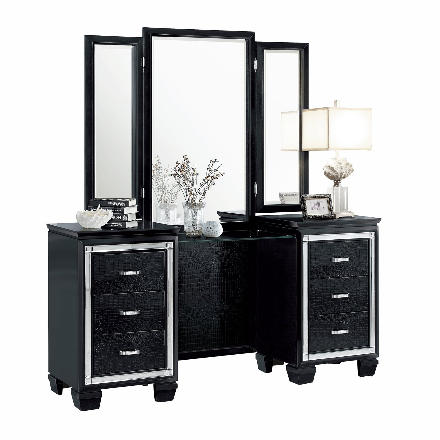 Allura Black Vanity Dresser with Mirror - SET | 1916BK-15R | 1916BK-15L | 1916BK-15M - Bien Home Furniture & Electronics