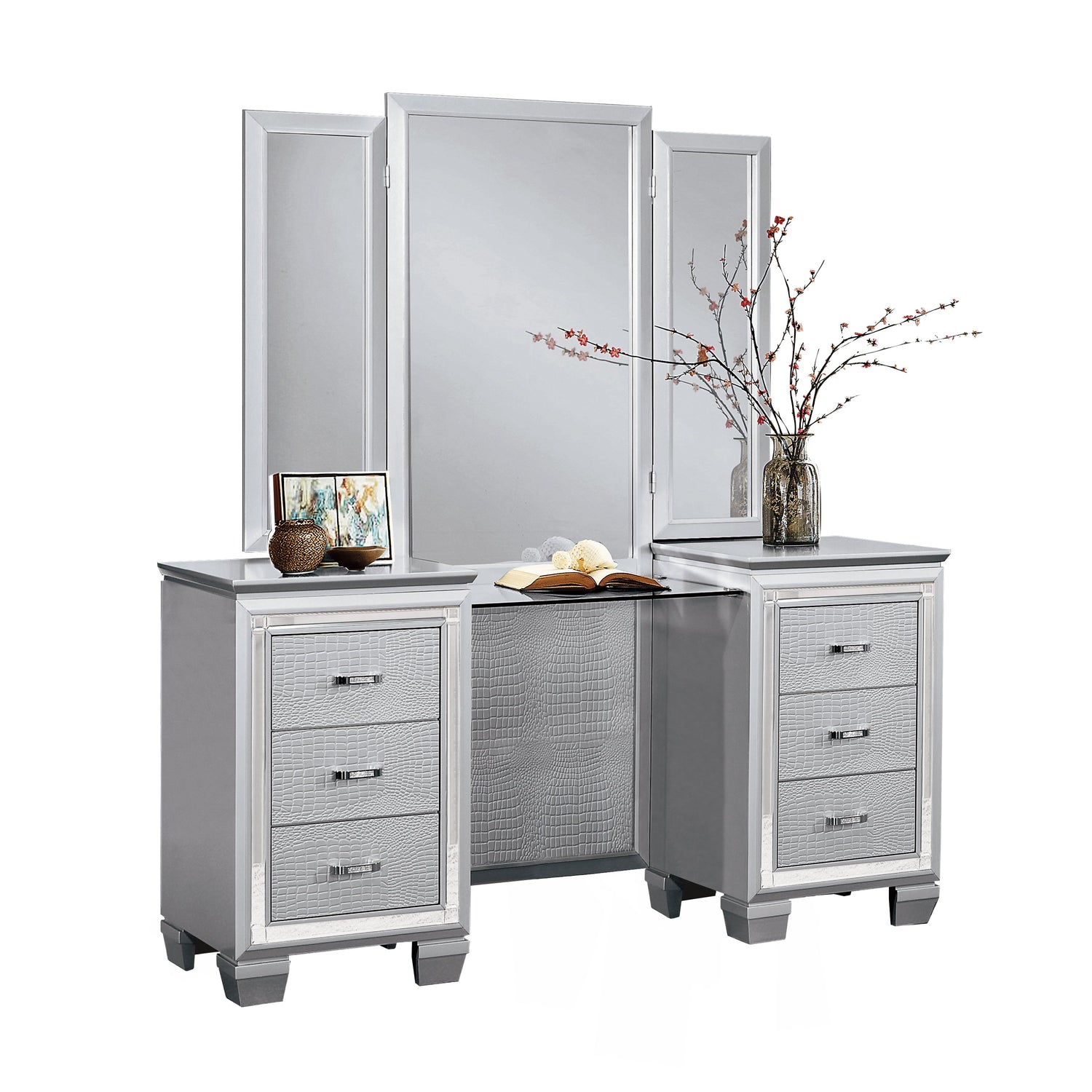 Allura Silver Vanity Dresser with Mirror - SET | 1916-15R | 1916-15L | 1916-15M - Bien Home Furniture &amp; Electronics