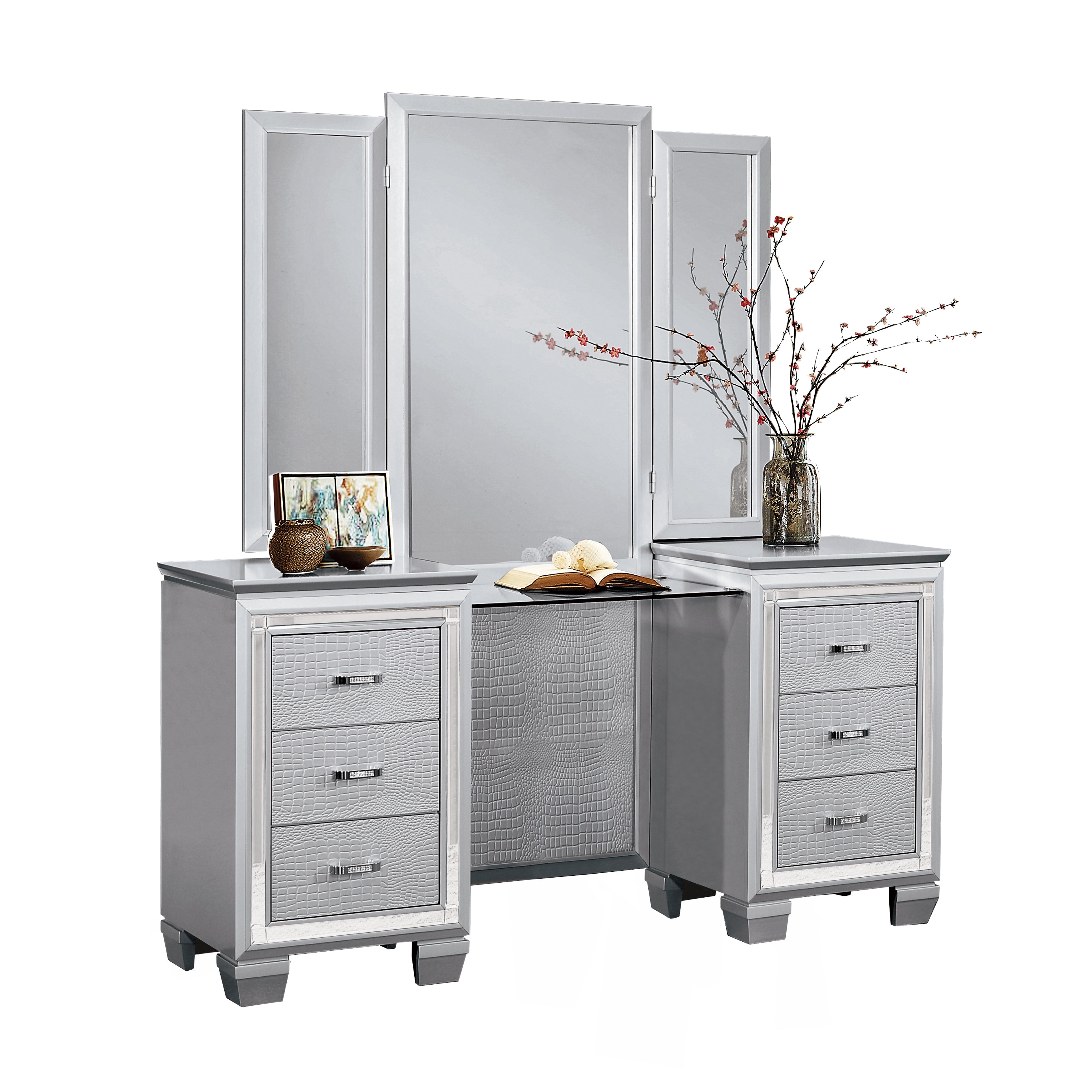 Allura Silver Vanity Dresser with Mirror - SET | 1916-15R | 1916-15L | 1916-15M - Bien Home Furniture & Electronics