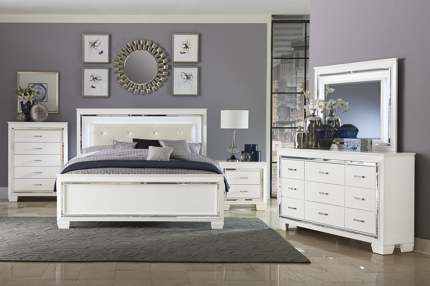 Allura White King LED Upholstered Panel Bed - SET | 1916KW-1 | 1916KW-2 | 1916KW-3EK - Bien Home Furniture & Electronics