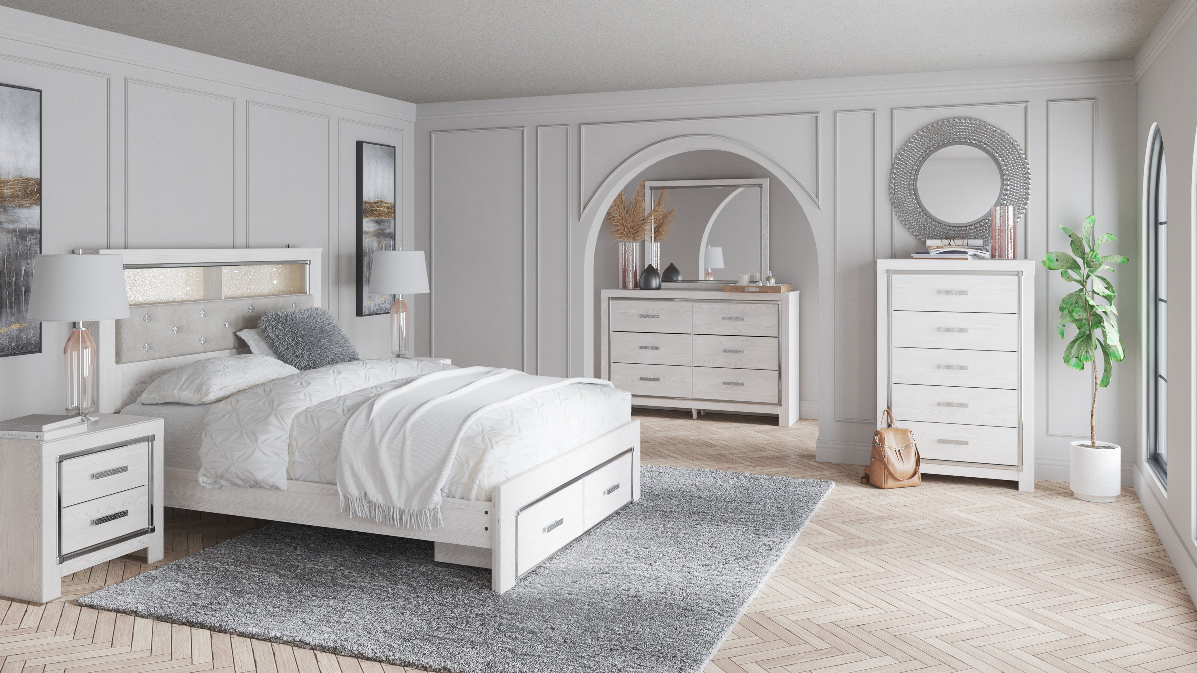Altyra White LED Bookcase Upholstered Footboard Storage Platform Bedroom Set - SET | B2640-56S | B2640-69 | B2640-95 | B2640-31 | B2640-36 | B2640-92 | B2640-46 | B100-14 - Bien Home Furniture & Electronics