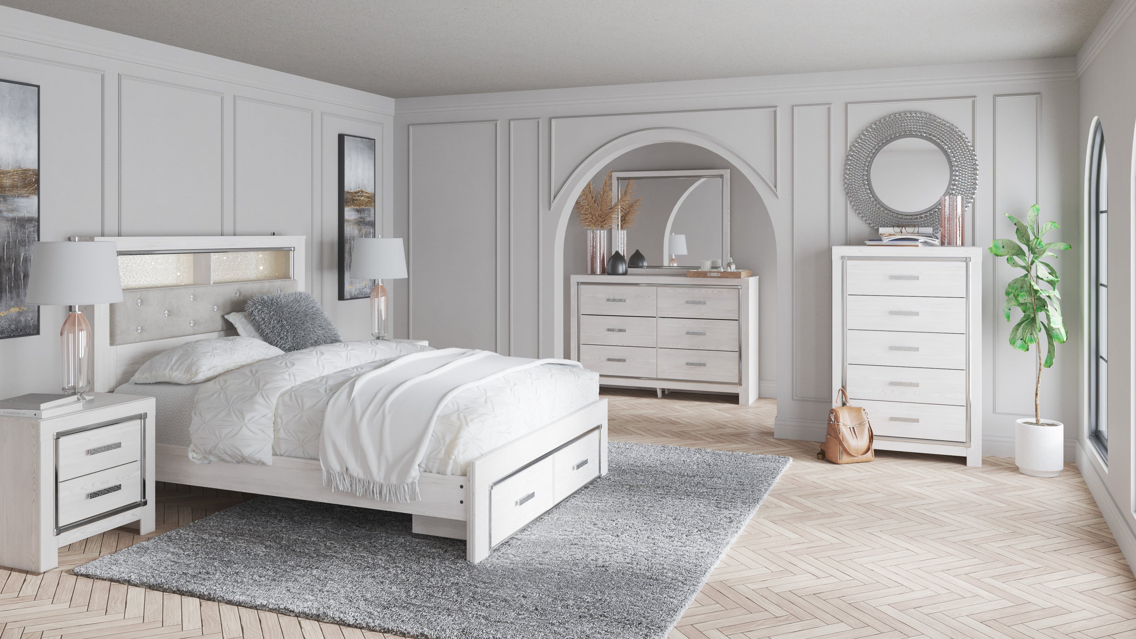 Altyra White LED Bookcase Upholstered Footboard Storage Platform Bedroom Set - SET | B2640-56S | B2640-69 | B2640-95 | B2640-31 | B2640-36 | B2640-92 | B2640-46 | B100-14 - Bien Home Furniture &amp; Electronics