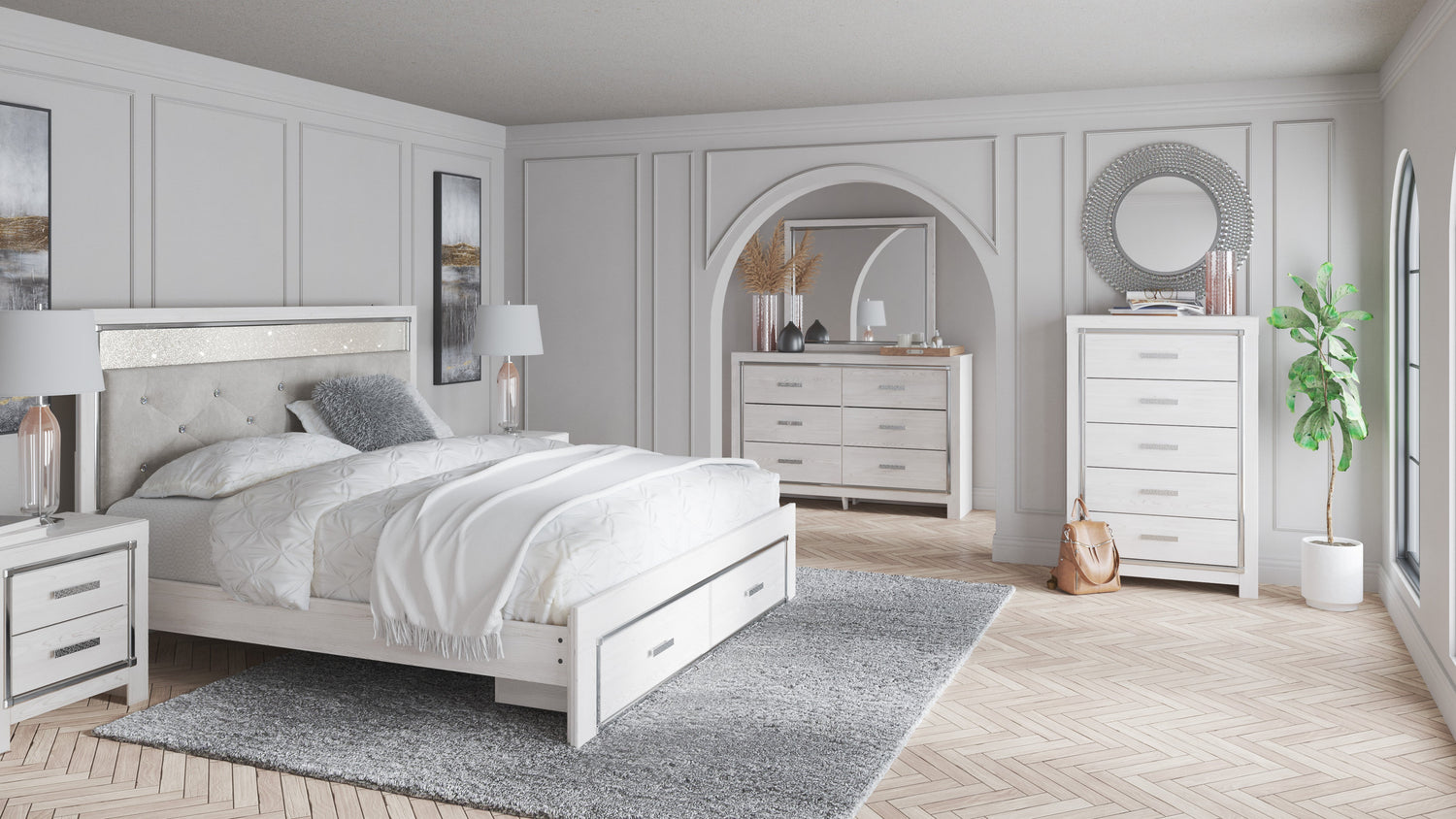 Altyra White LED Bookcase Upholstered Footboard Storage Platform Bedroom Set - SET | B2640-56S | B2640-69 | B2640-95 | B2640-31 | B2640-36 | B2640-92 | B2640-46 | B100-14 - Bien Home Furniture & Electronics