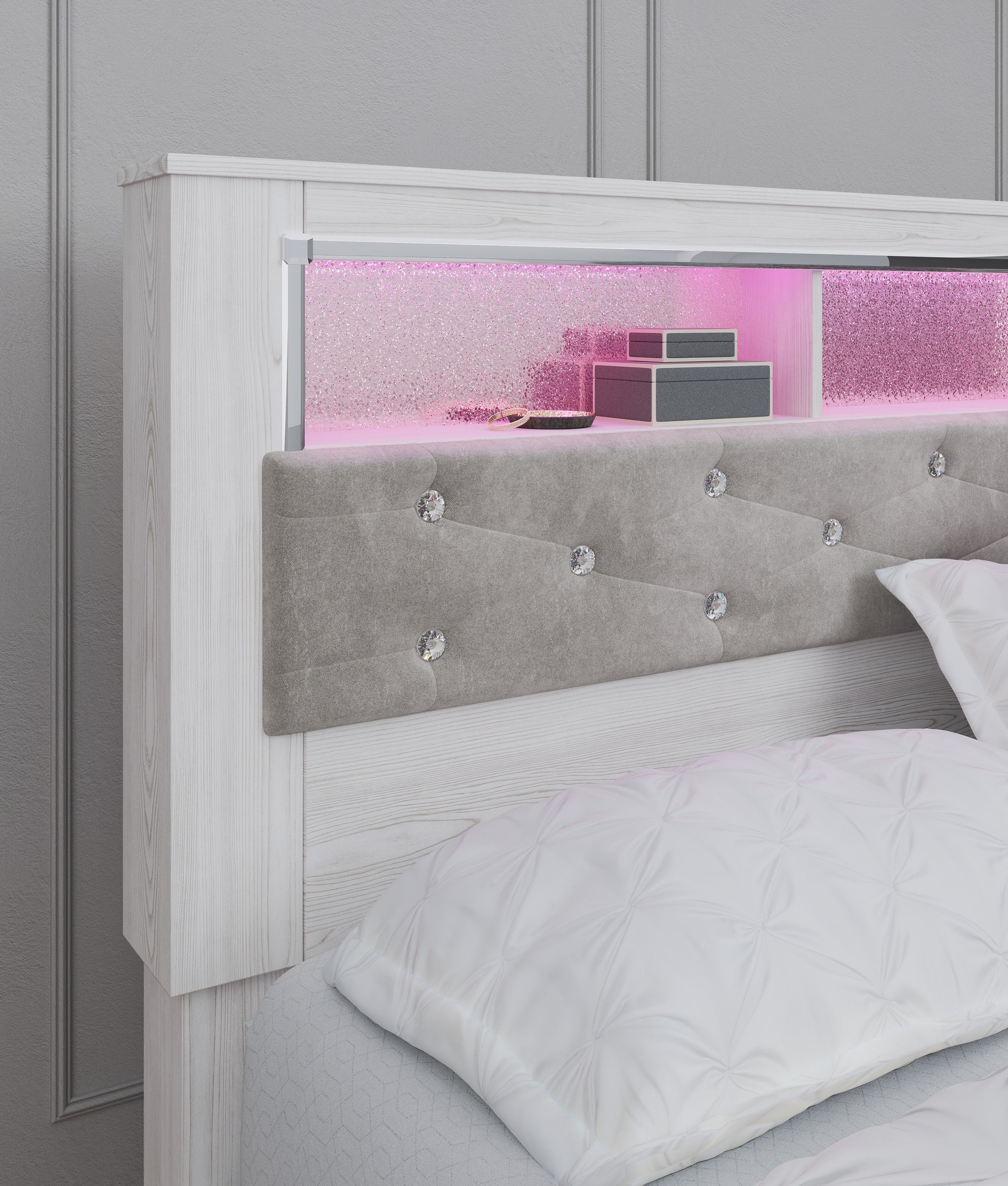 Altyra White LED Bookcase Upholstered Footboard Storage Platform Bedroom Set - SET | B2640-56S | B2640-69 | B2640-95 | B2640-31 | B2640-36 | B2640-92 | B2640-46 | B100-14 - Bien Home Furniture &amp; Electronics