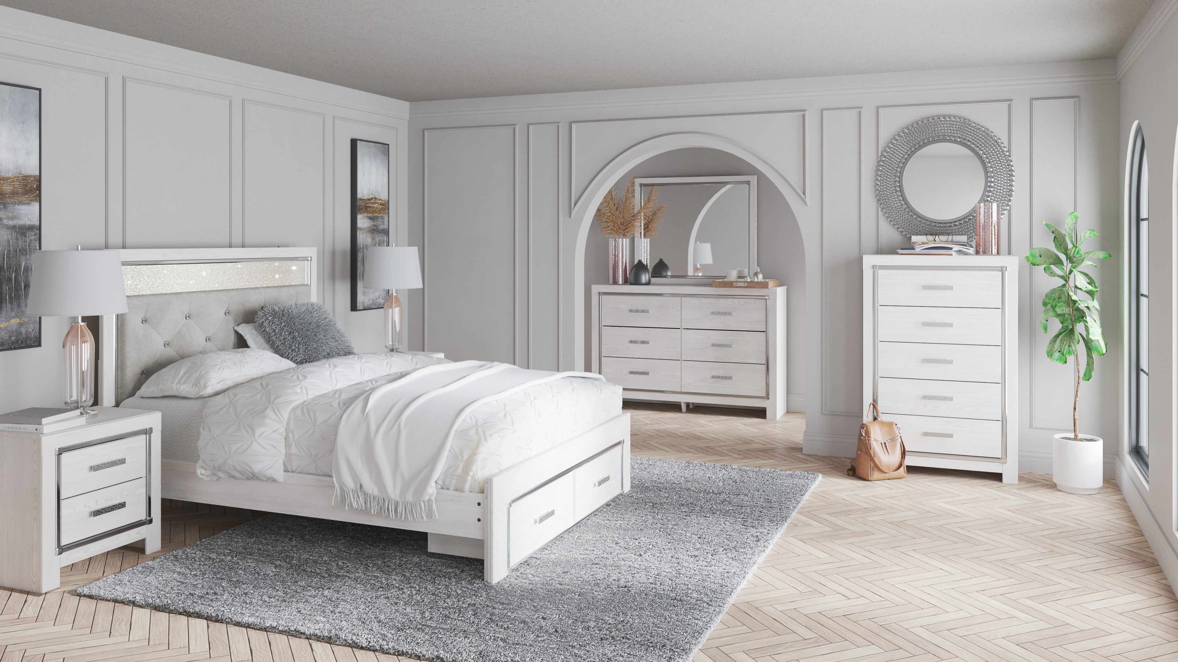 Altyra White LED Upholstered Footboard Storage Platform Bedroom Set - SET | B2640-56S | B2640-58 | B2640-95 | B2640-92 | B2640-46 | B100-14 - Bien Home Furniture &amp; Electronics