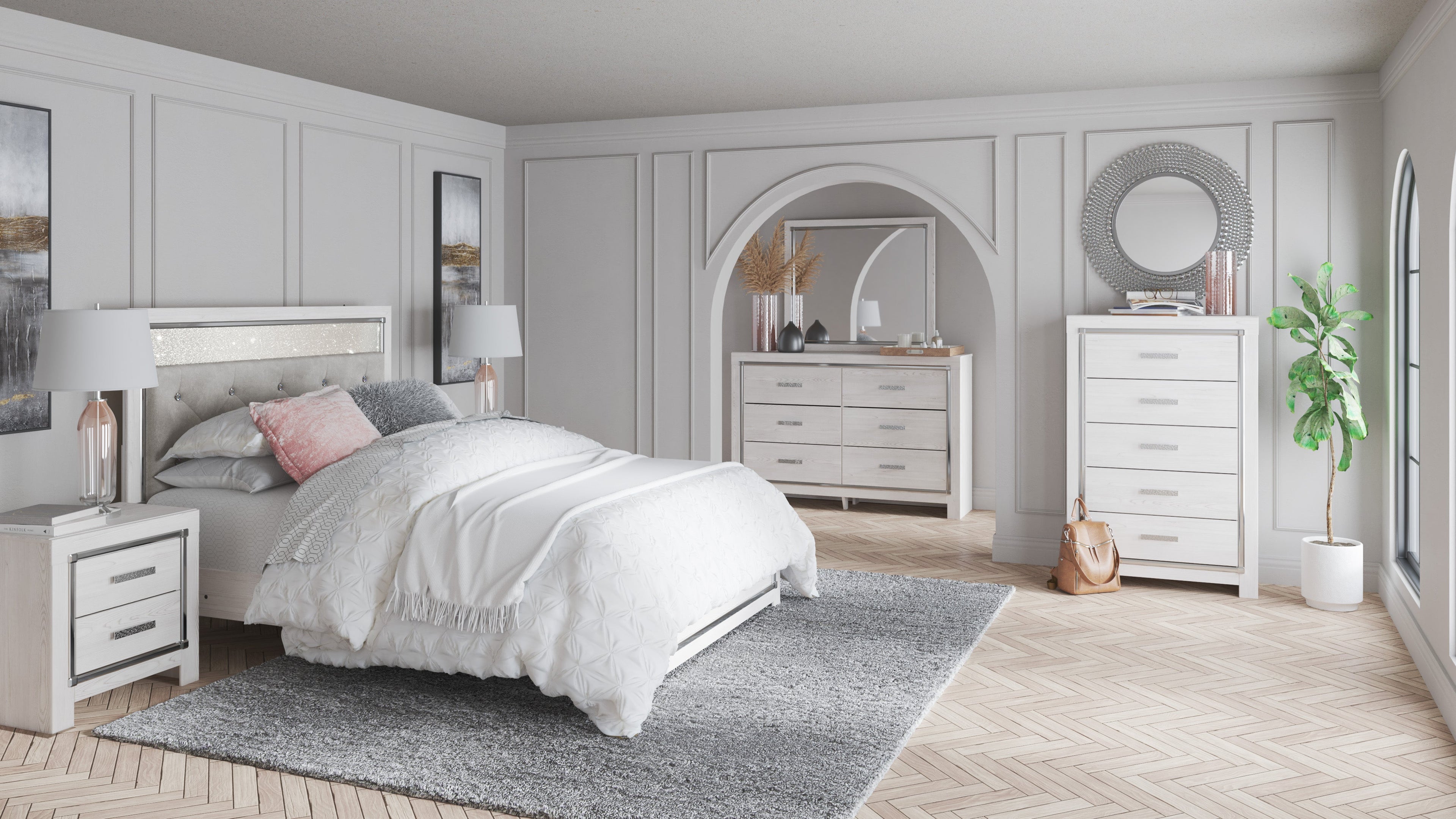 Altyra White LED Upholstered Panel Bedroom Set - SET | B2640-54 | B2640-57 | B2640-96 | B2640-31 | B2640-36 - Bien Home Furniture &amp; Electronics