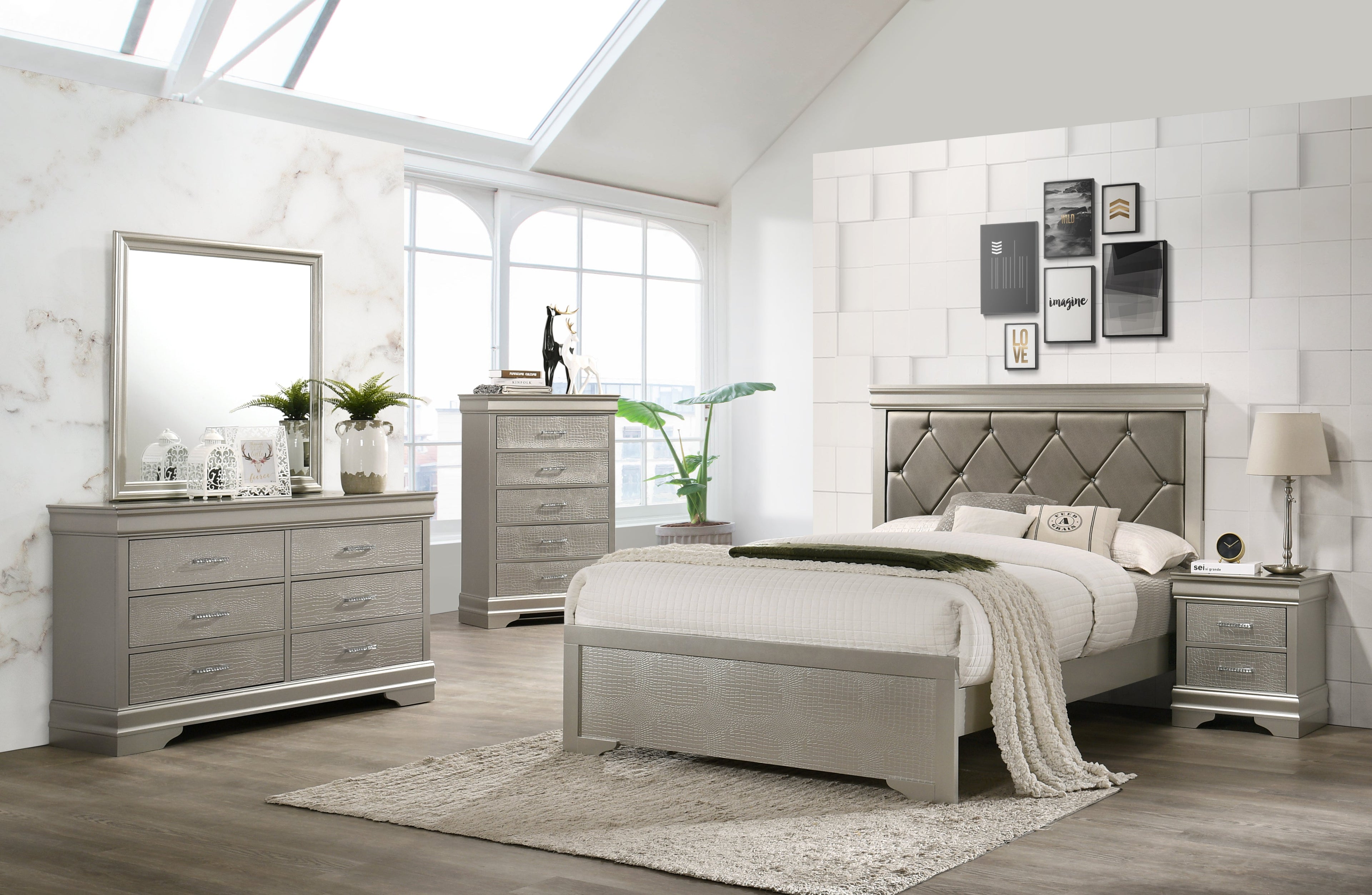 Amalia Silver Twin Panel Bed - SET | B6910-T-HBFB | B6910-FT-RAIL - Bien Home Furniture &amp; Electronics