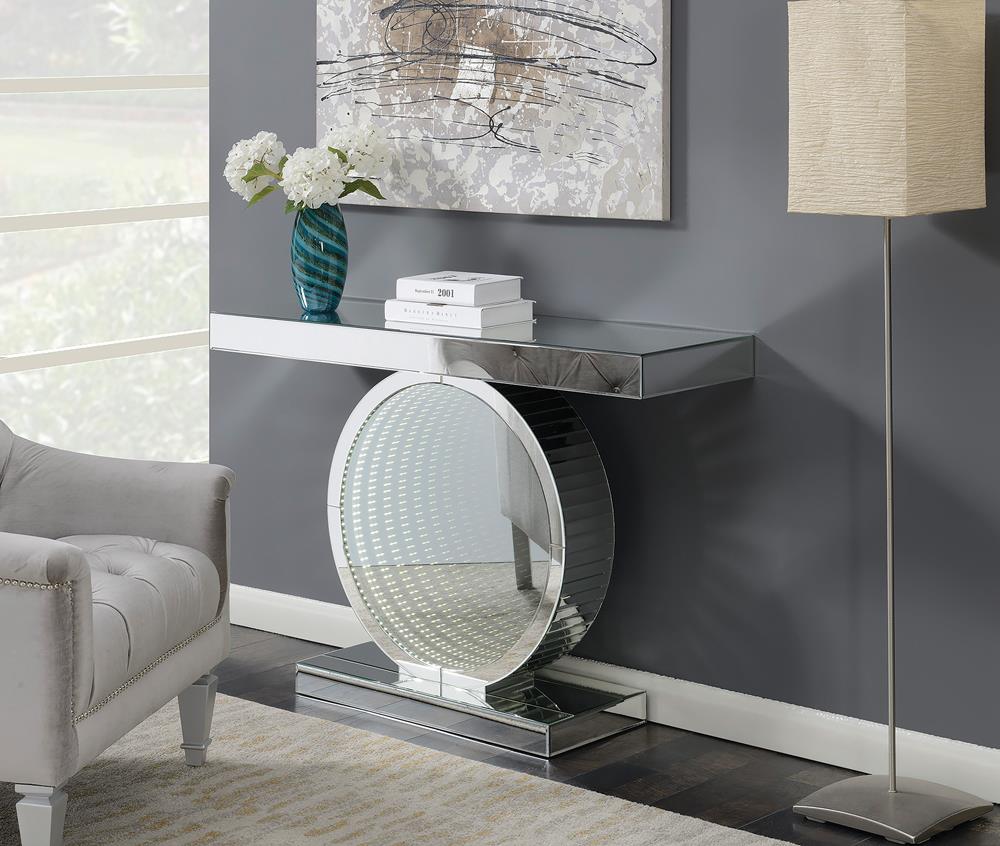 Angelonia Clear Mirror Rectangular Console Table with Circular Base - 951051 - Bien Home Furniture &amp; Electronics