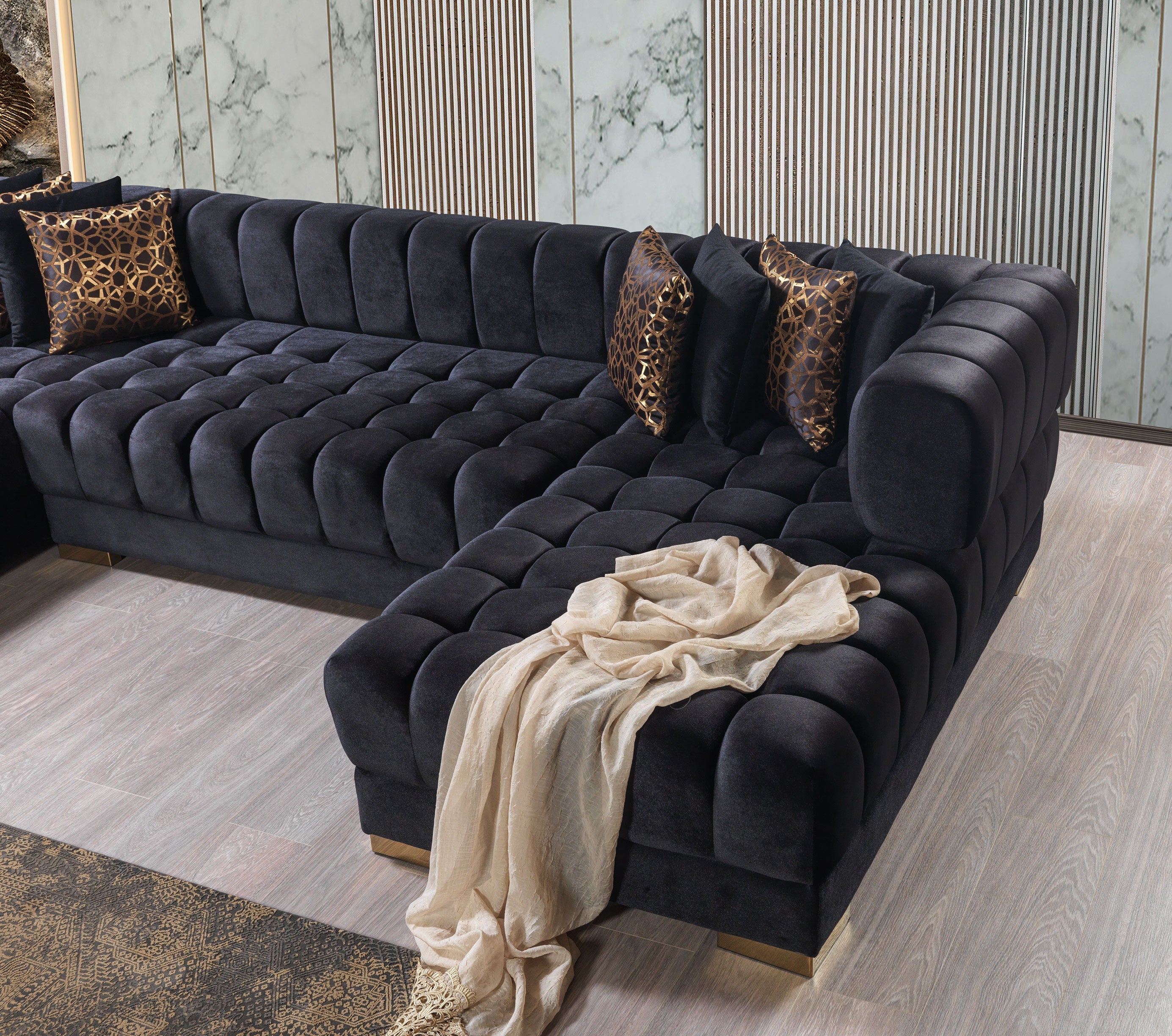 Ariana Black Velvet Double Chaise Sectional - ARIANABLACK-SEC - Bien Home Furniture & Electronics