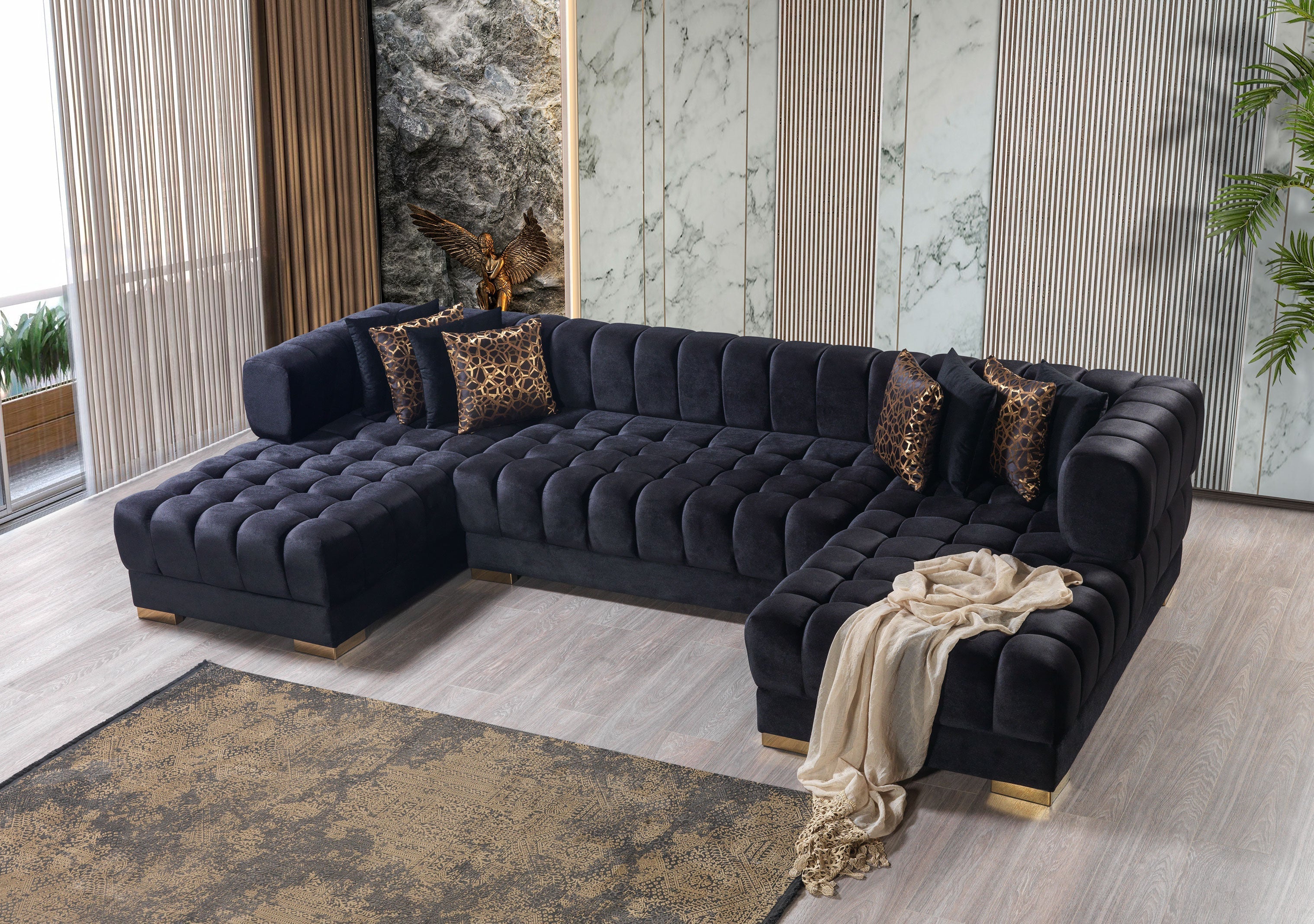 Ariana Black Velvet Double Chaise Sectional - ARIANABLACK-SEC - Bien Home Furniture & Electronics