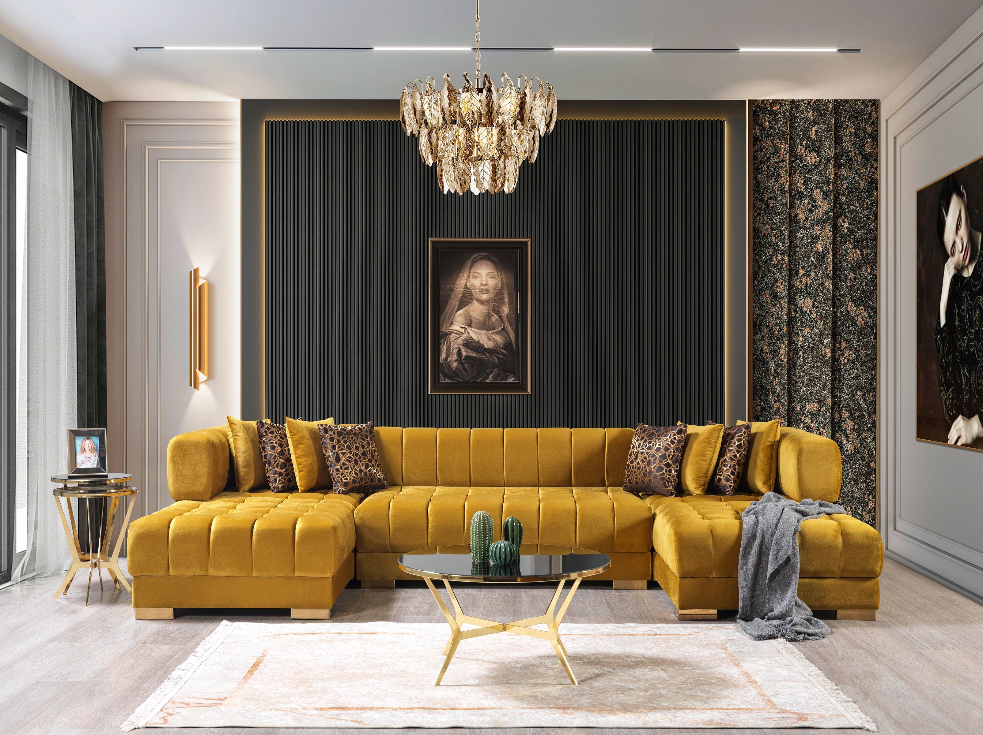 Ariana Mustard Velvet Double Chaise Sectional - ARIANAMUSTARD-SEC - Bien Home Furniture & Electronics