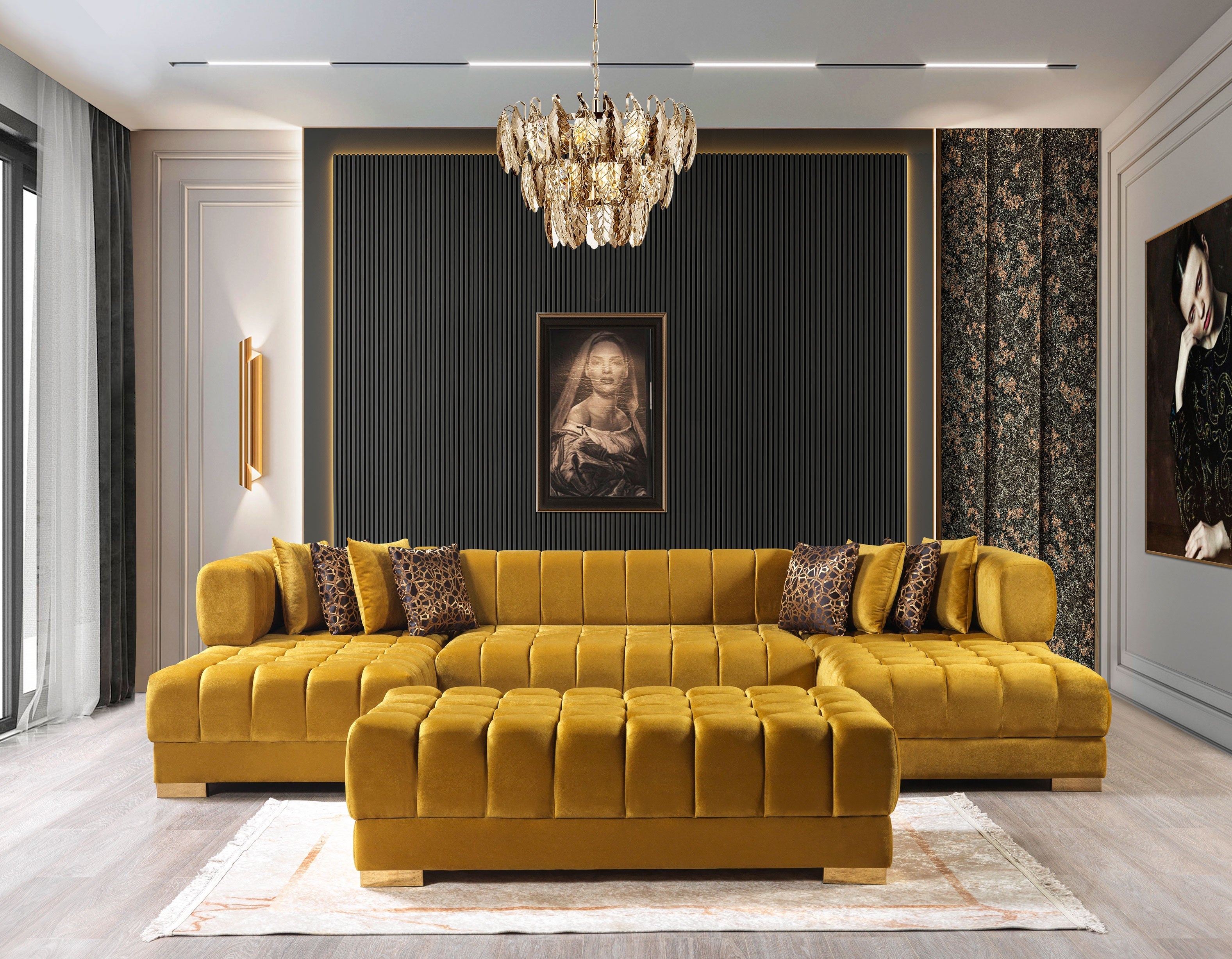 Ariana Mustard Velvet Double Chaise Sectional - ARIANAMUSTARD-SEC - Bien Home Furniture & Electronics