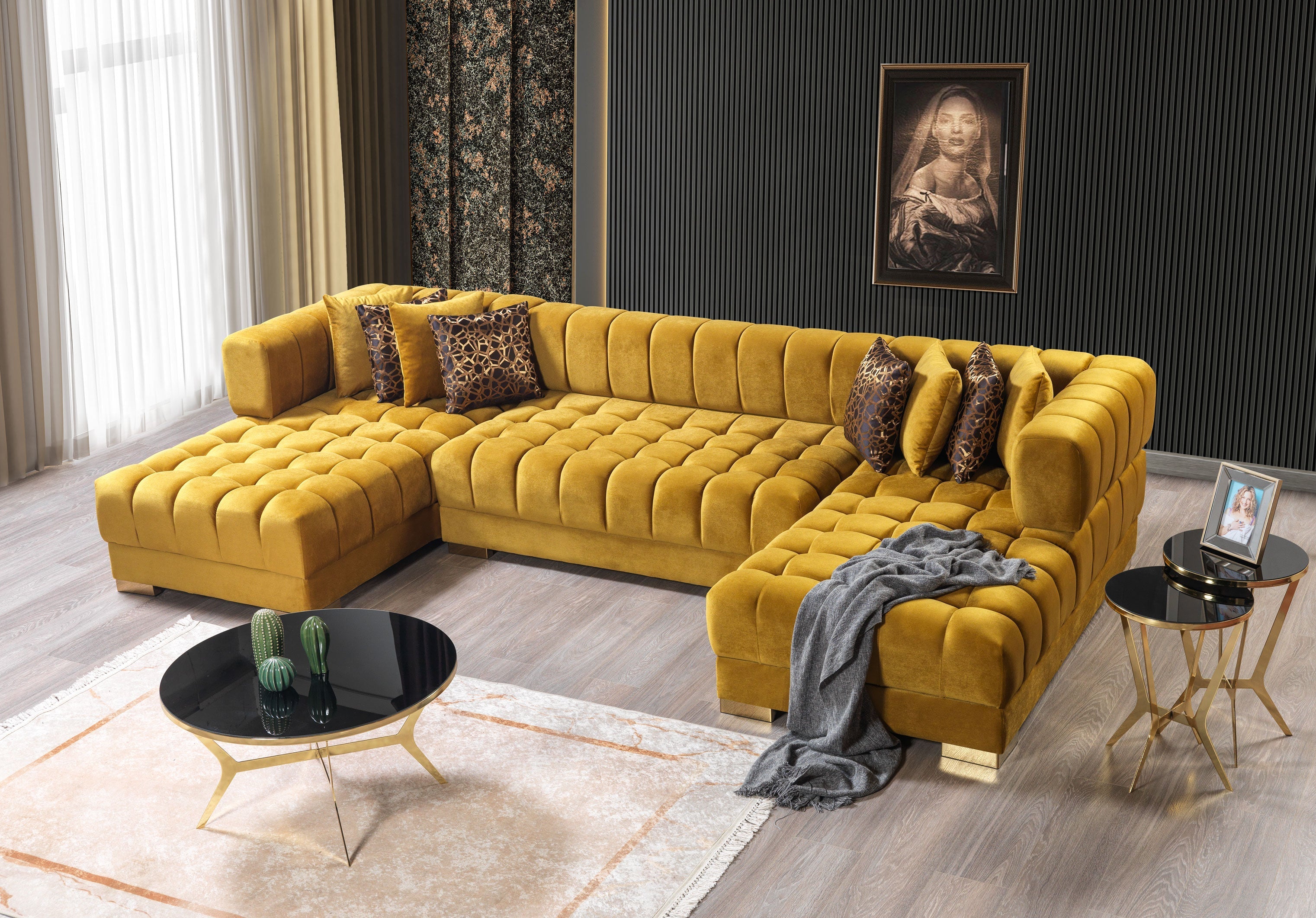 Ariana Mustard Velvet Double Chaise Sectional - ARIANAMUSTARD-SEC - Bien Home Furniture & Electronics