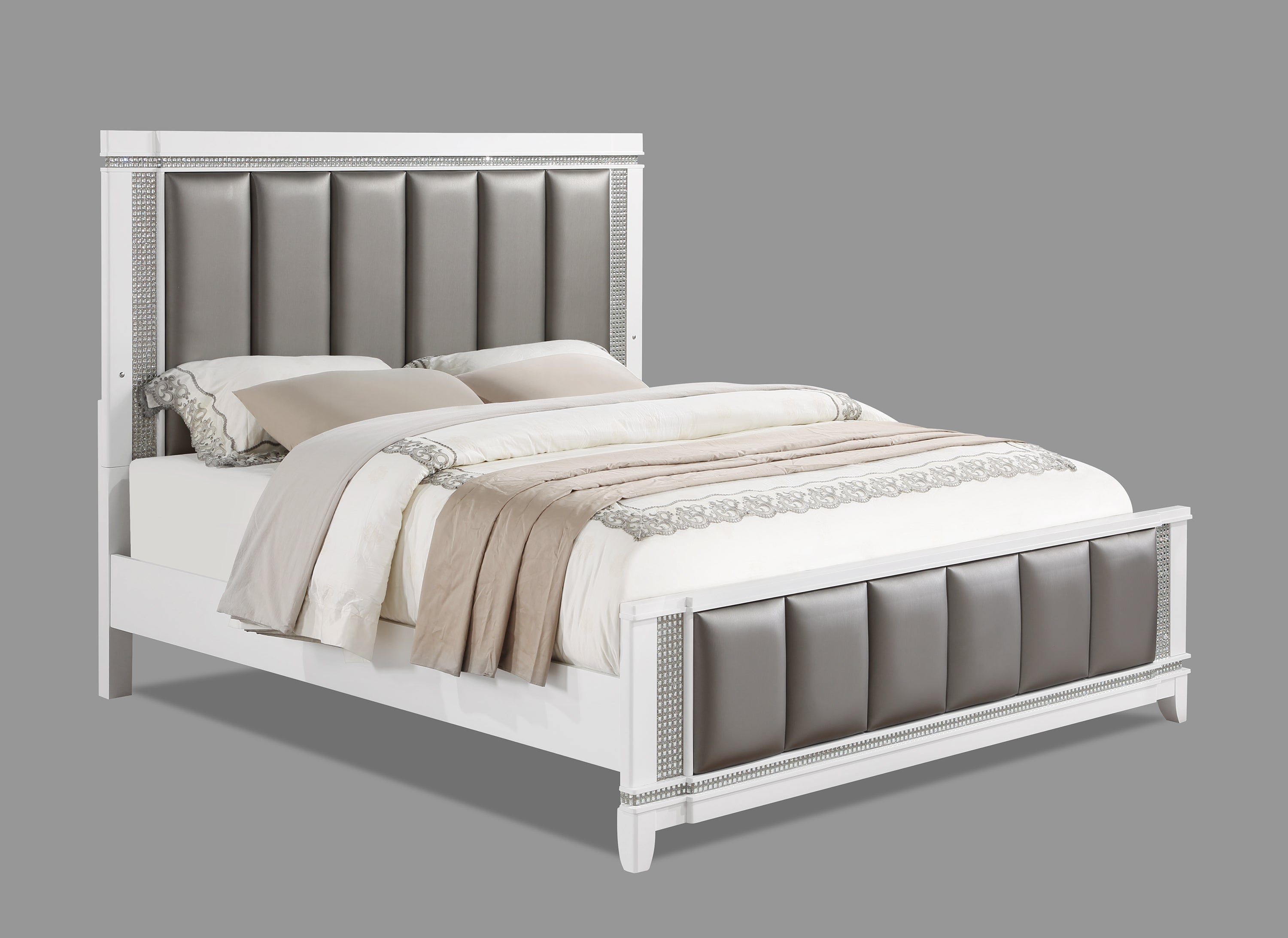 Ariane White/Silver King Upholstered Panel Bed - SET | B1690-K-HB | B1690-K-FB | B1690-KQ-RAIL - Bien Home Furniture &amp; Electronics