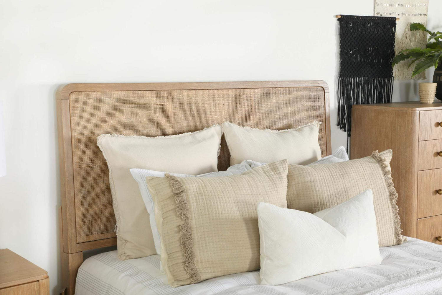 Arini Upholstered Eastern King Panel Bed Sand Wash/Natural Cane - 224300KE - Bien Home Furniture & Electronics