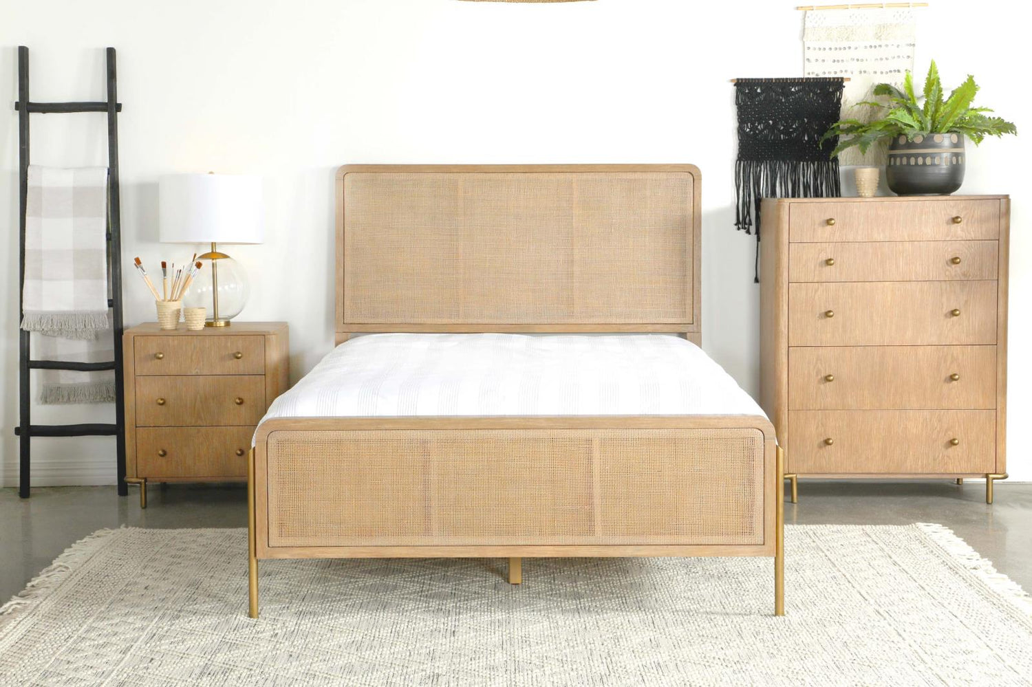 Arini Upholstered Eastern King Panel Bed Sand Wash/Natural Cane - 224300KE - Bien Home Furniture & Electronics